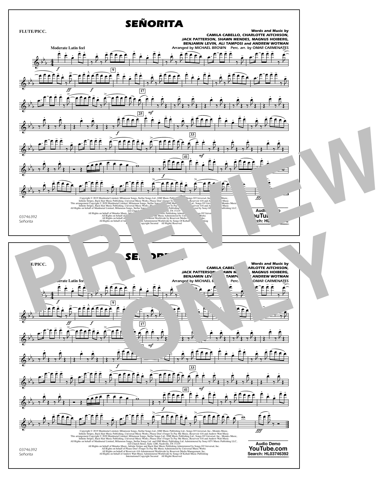 Download Shawn Mendes & Camila Cabello Señorita (arr. Carmenates and Brown) - Flute/Piccolo Sheet Music and learn how to play Marching Band PDF digital score in minutes