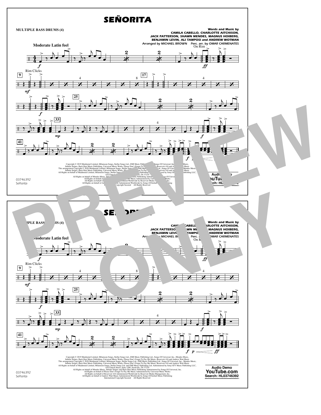 Download Shawn Mendes & Camila Cabello Señorita (arr. Carmenates and Brown) - Multiple Bass Drums Sheet Music and learn how to play Marching Band PDF digital score in minutes