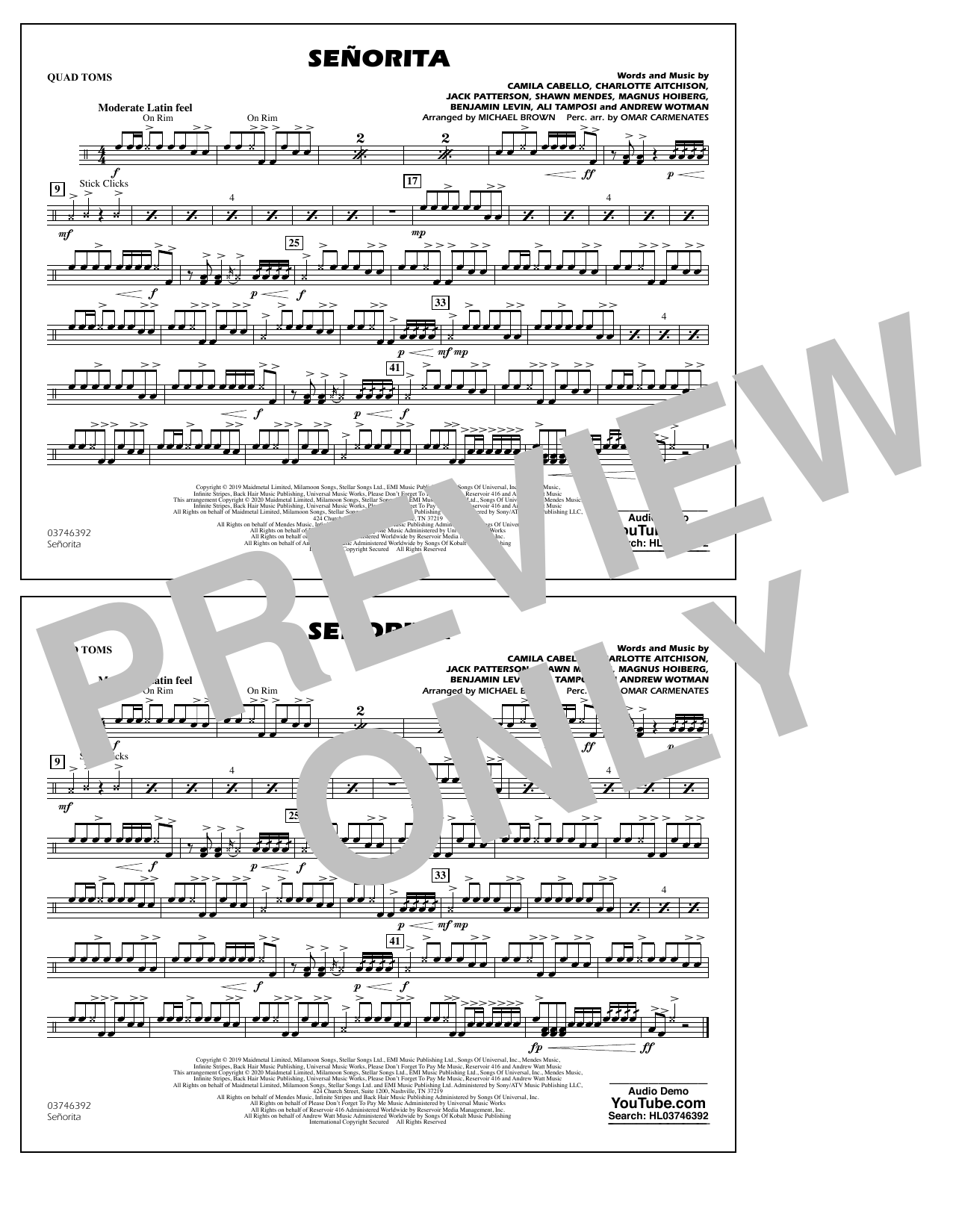 Download Shawn Mendes & Camila Cabello Señorita (arr. Carmenates and Brown) - Quad Toms Sheet Music and learn how to play Marching Band PDF digital score in minutes