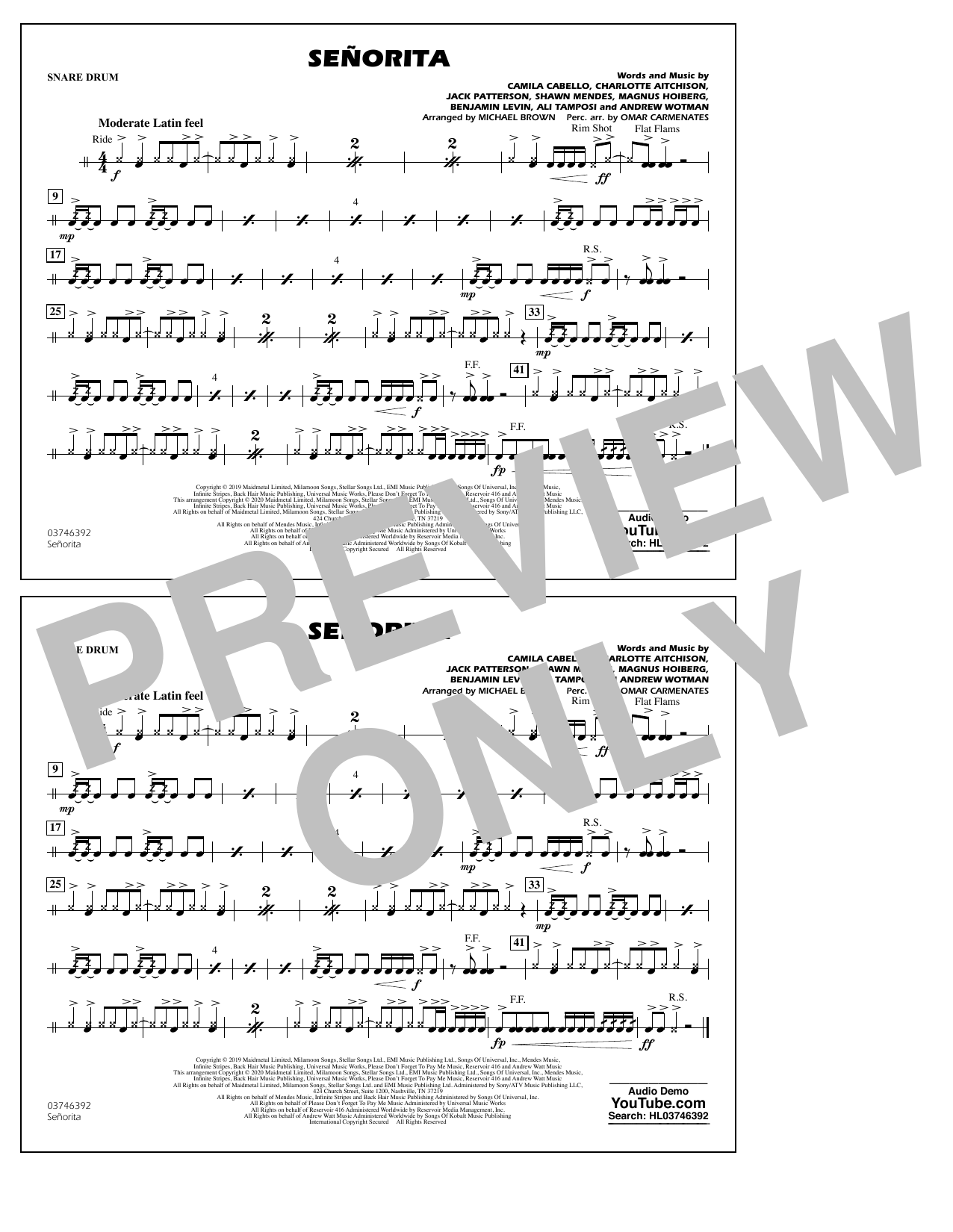 Download Shawn Mendes & Camila Cabello Señorita (arr. Carmenates and Brown) - Snare Drum Sheet Music and learn how to play Marching Band PDF digital score in minutes