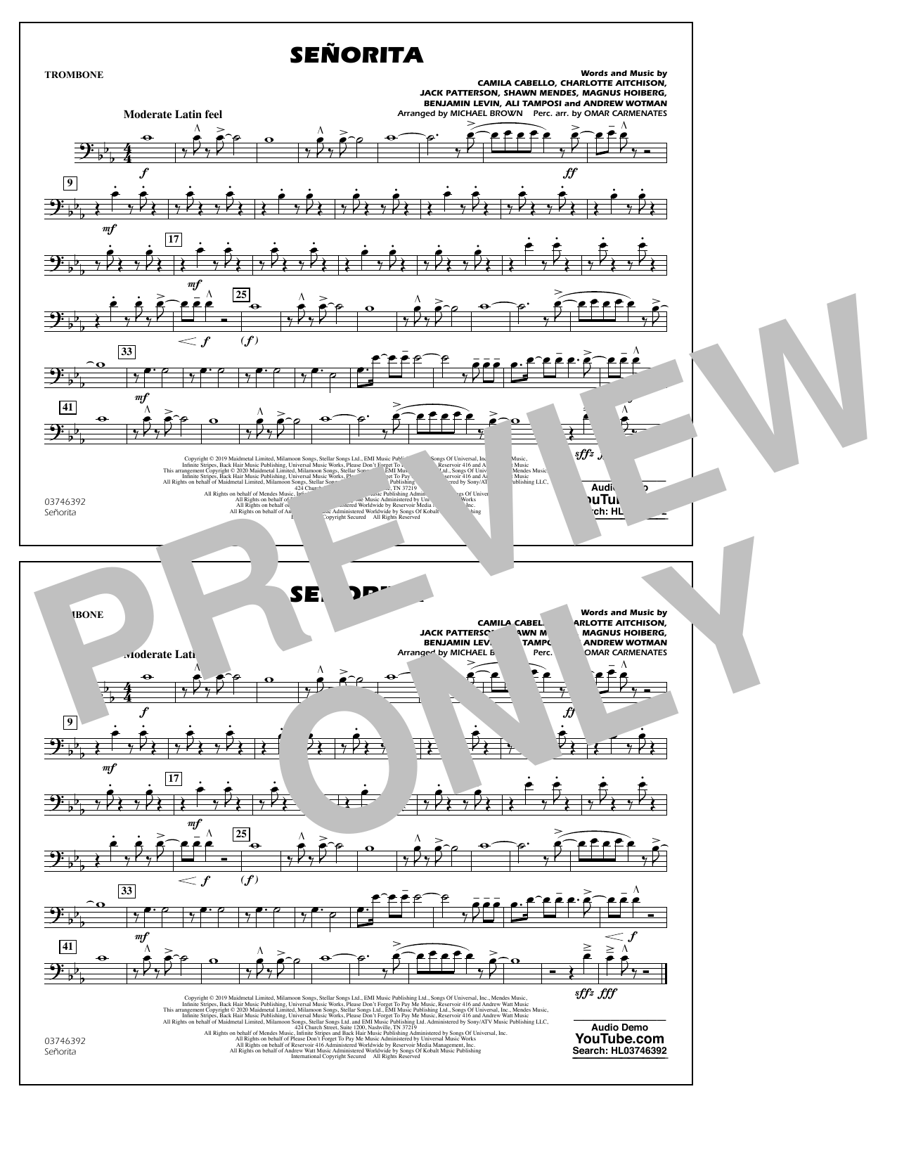 Download Shawn Mendes & Camila Cabello Señorita (arr. Carmenates and Brown) - Trombone Sheet Music and learn how to play Marching Band PDF digital score in minutes