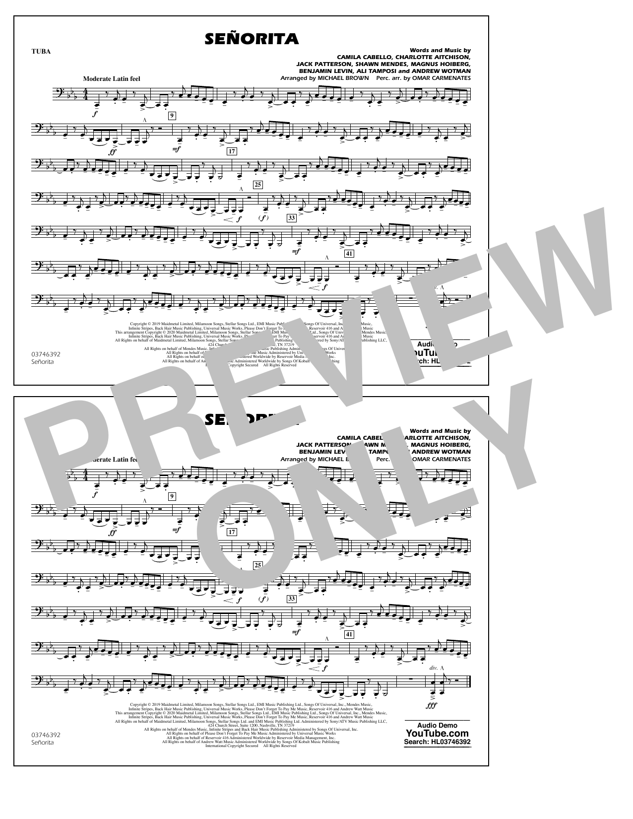 Download Shawn Mendes & Camila Cabello Señorita (arr. Carmenates and Brown) - Tuba Sheet Music and learn how to play Marching Band PDF digital score in minutes