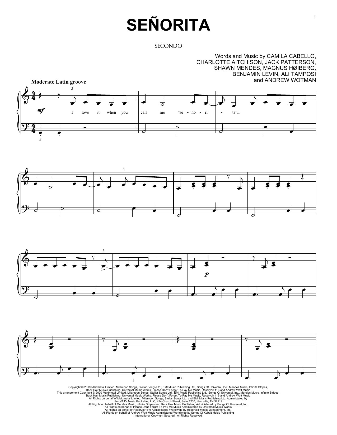 Download Shawn Mendes & Camila Cabello Señorita (arr. David Pearl) Sheet Music and learn how to play Piano Duet PDF digital score in minutes