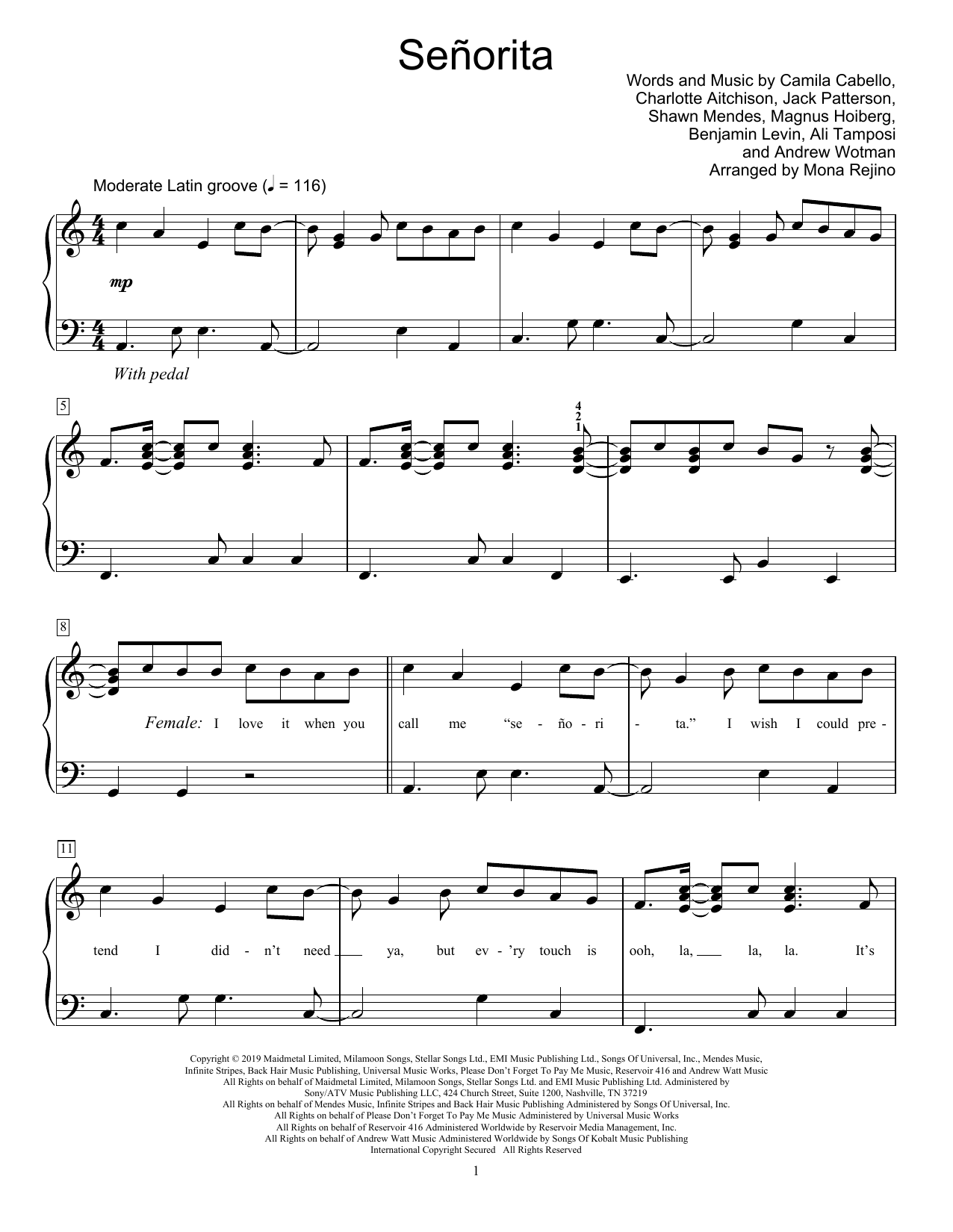 Download Shawn Mendes & Camila Cabello Señorita (arr. Mona Rejino) Sheet Music and learn how to play Educational Piano PDF digital score in minutes