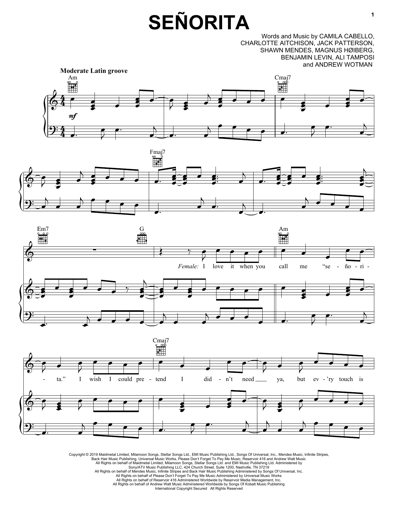 Download Shawn Mendes & Camila Cabello Señorita Sheet Music and learn how to play Bass Guitar Tab PDF digital score in minutes