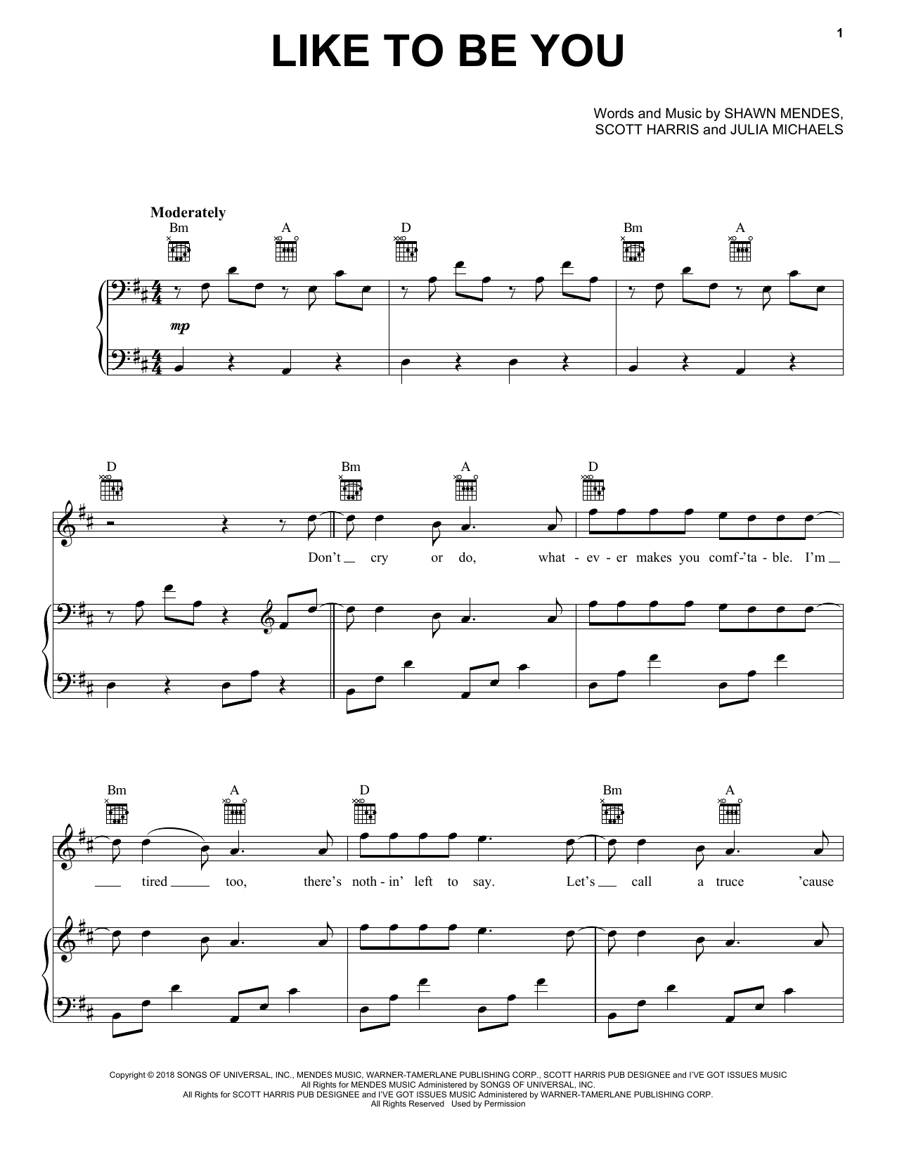 Download Shawn Mendes & Julia Michaels Like To Be You Sheet Music and learn how to play Piano, Vocal & Guitar Chords (Right-Hand Melody) PDF digital score in minutes