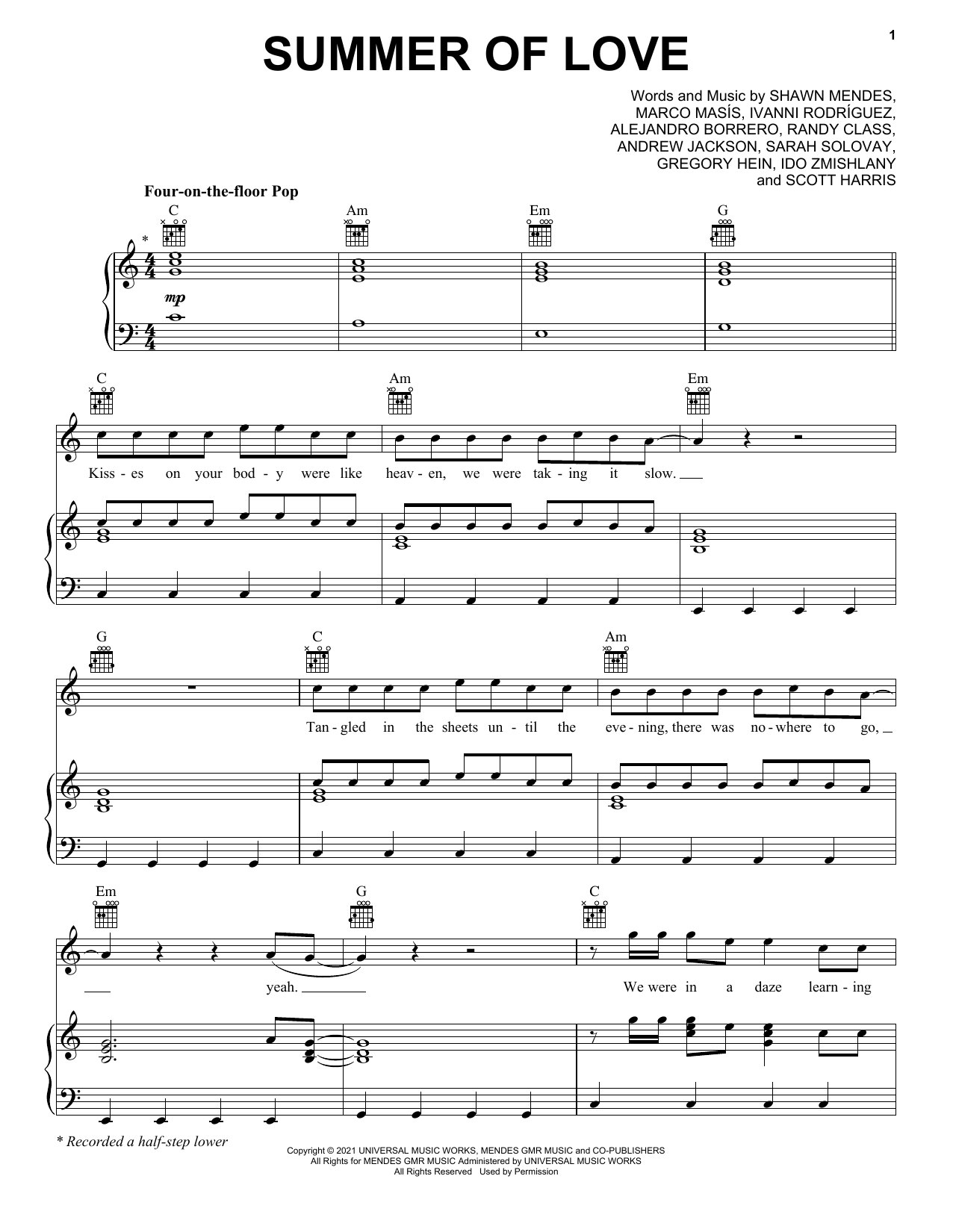 Download Shawn Mendes & Tainy Summer Of Love (feat. Tainy) Sheet Music and learn how to play Piano, Vocal & Guitar Chords (Right-Hand Melody) PDF digital score in minutes