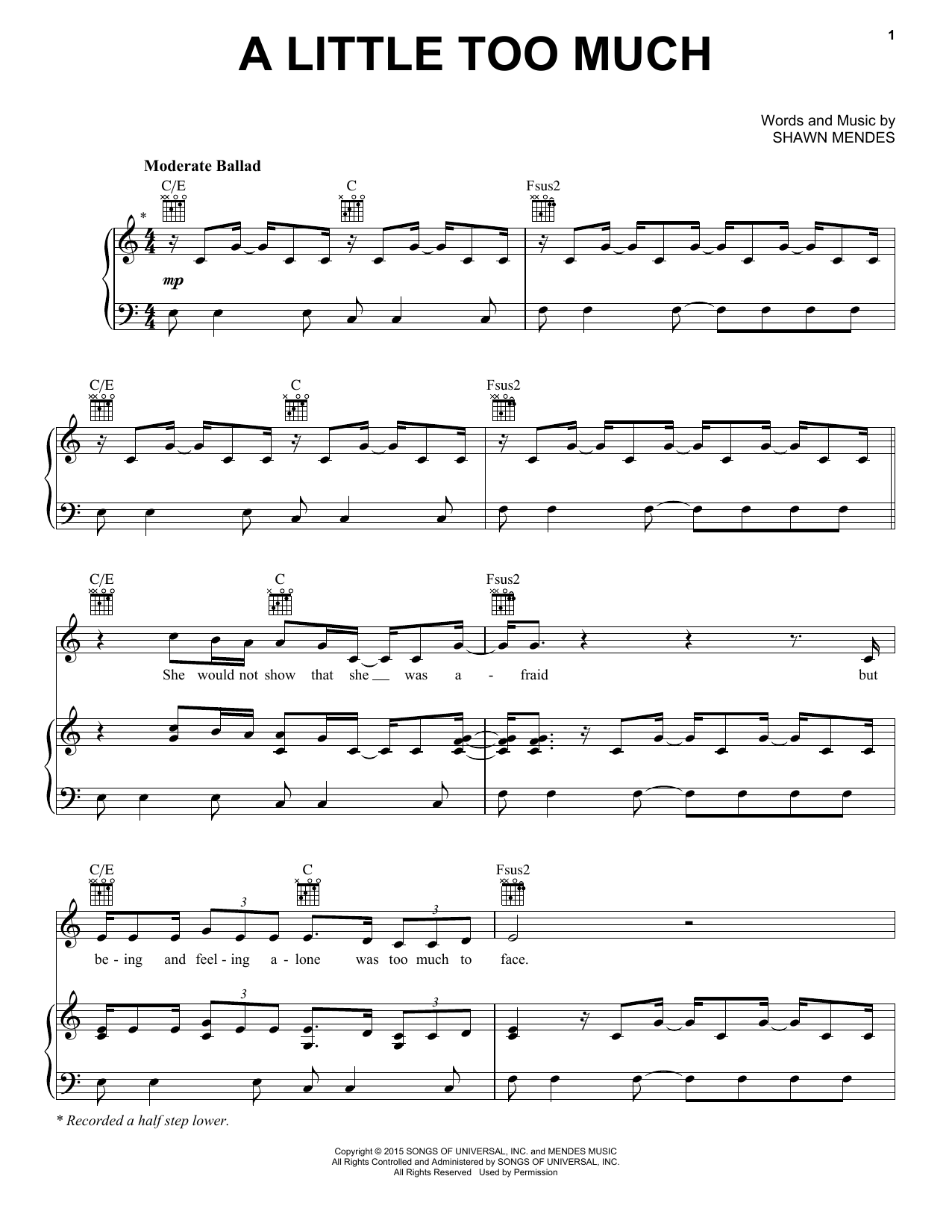 Download Shawn Mendes A Little Too Much Sheet Music and learn how to play Piano, Vocal & Guitar (Right-Hand Melody) PDF digital score in minutes