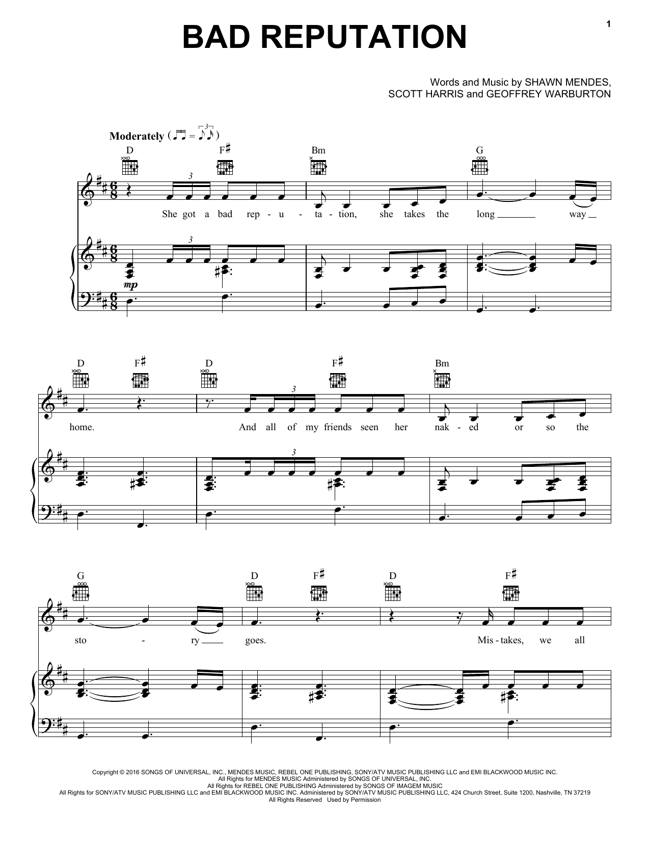 Download Shawn Mendes Bad Reputation Sheet Music and learn how to play Piano, Vocal & Guitar (Right-Hand Melody) PDF digital score in minutes