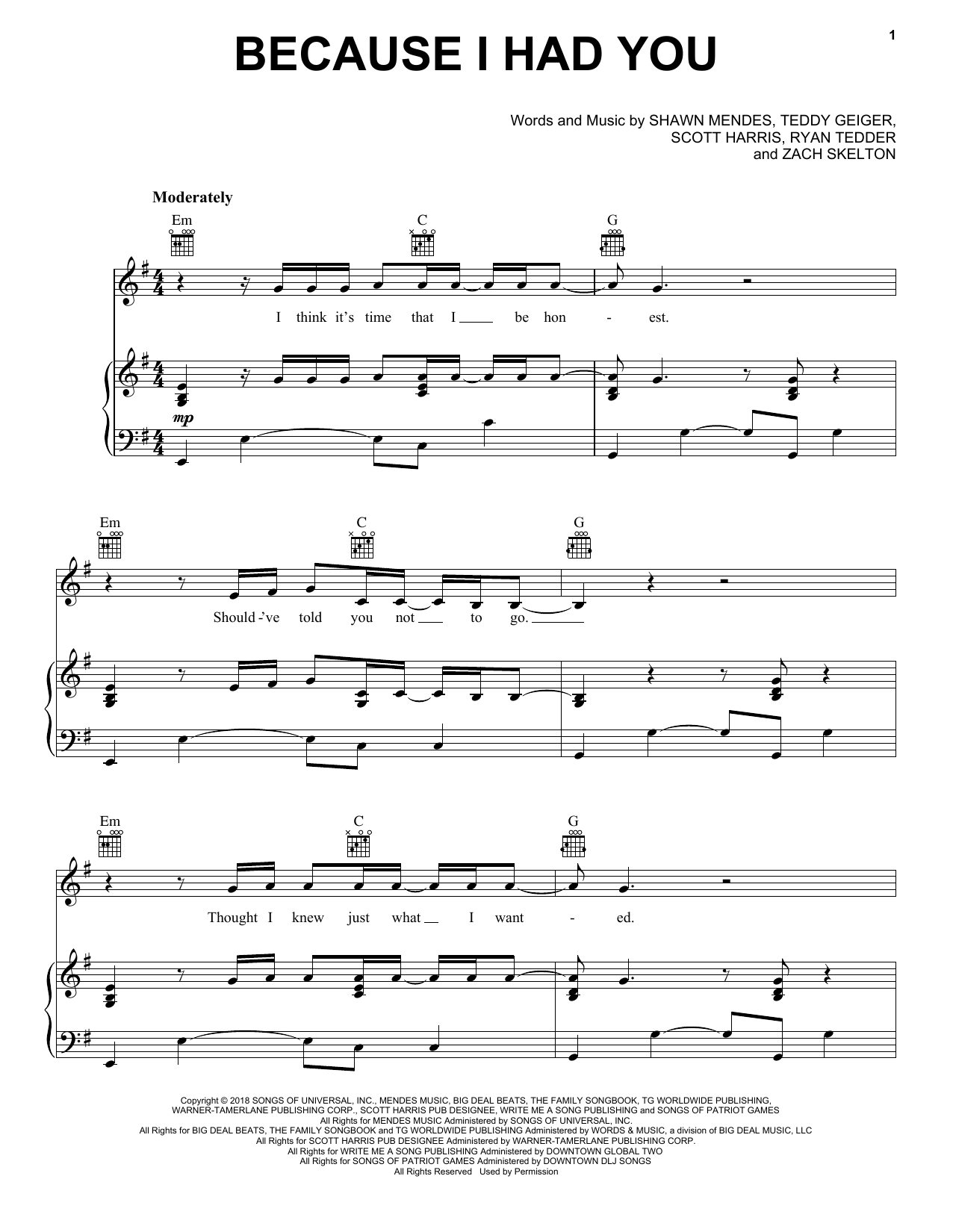Download Shawn Mendes Because I Had You Sheet Music and learn how to play Piano, Vocal & Guitar Chords (Right-Hand Melody) PDF digital score in minutes
