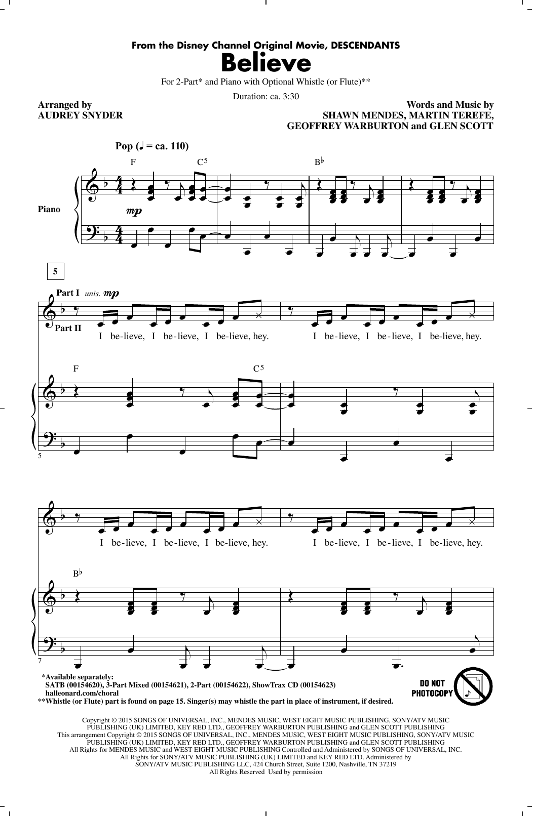 Download Shawn Mendes Believe (arr. Audrey Snyder) Sheet Music and learn how to play SATB PDF digital score in minutes