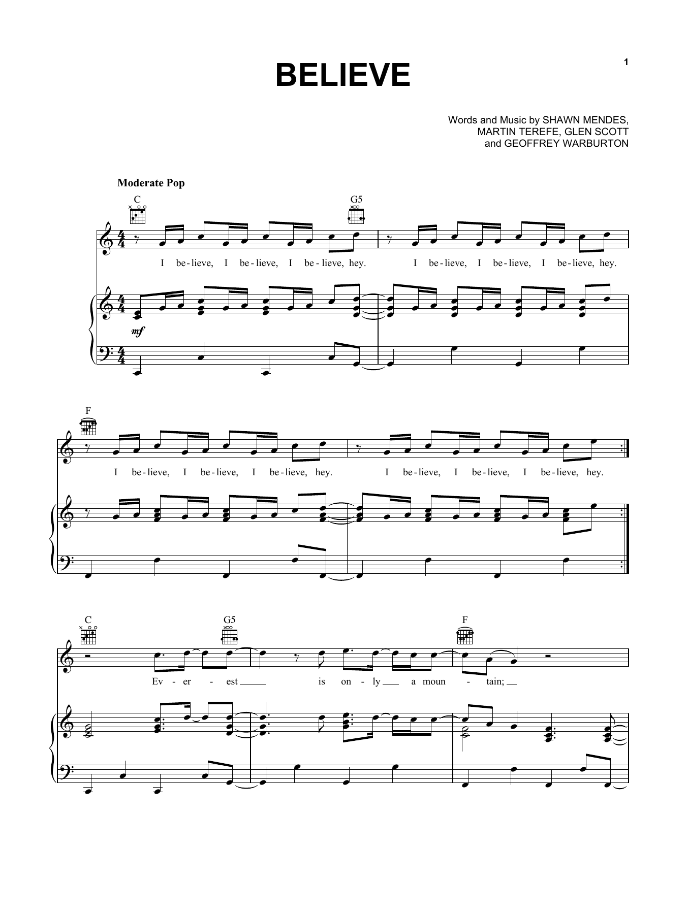 Download Shawn Mendes Believe Sheet Music and learn how to play Piano, Vocal & Guitar (Right-Hand Melody) PDF digital score in minutes