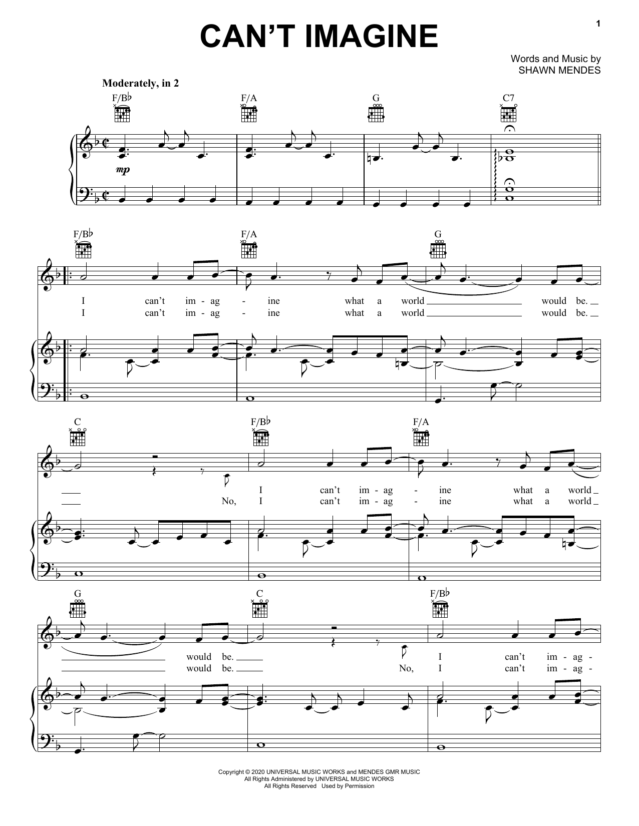 Download Shawn Mendes Can't Imagine Sheet Music and learn how to play Piano, Vocal & Guitar Chords (Right-Hand Melody) PDF digital score in minutes