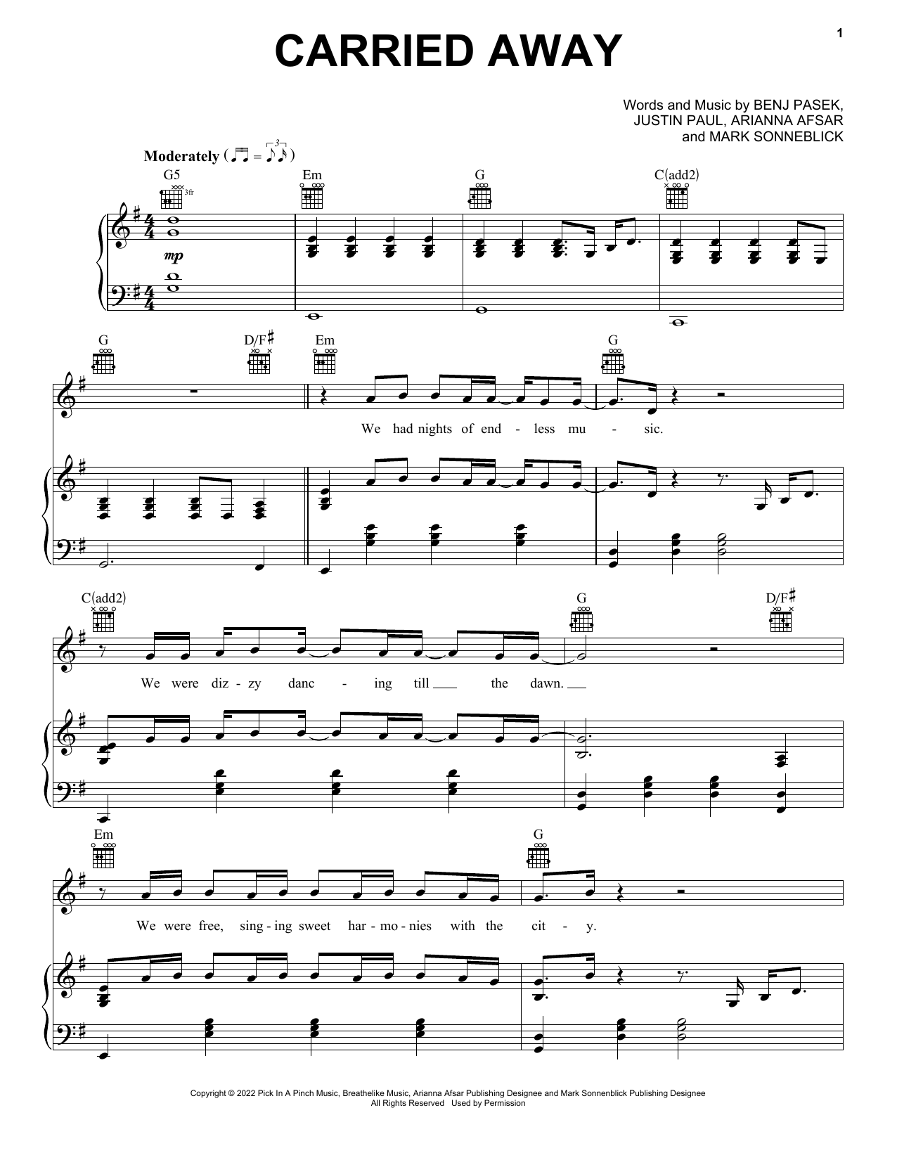 Download Shawn Mendes Carried Away (from Lyle, Lyle, Crocodile) Sheet Music and learn how to play Piano, Vocal & Guitar Chords (Right-Hand Melody) PDF digital score in minutes