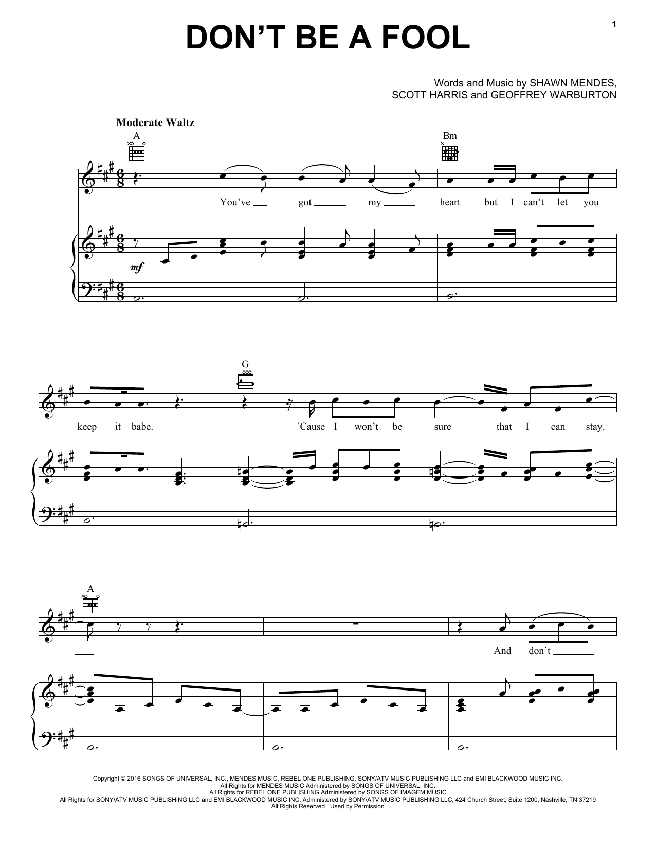 Download Shawn Mendes Don't Be A Fool Sheet Music and learn how to play Piano, Vocal & Guitar (Right-Hand Melody) PDF digital score in minutes