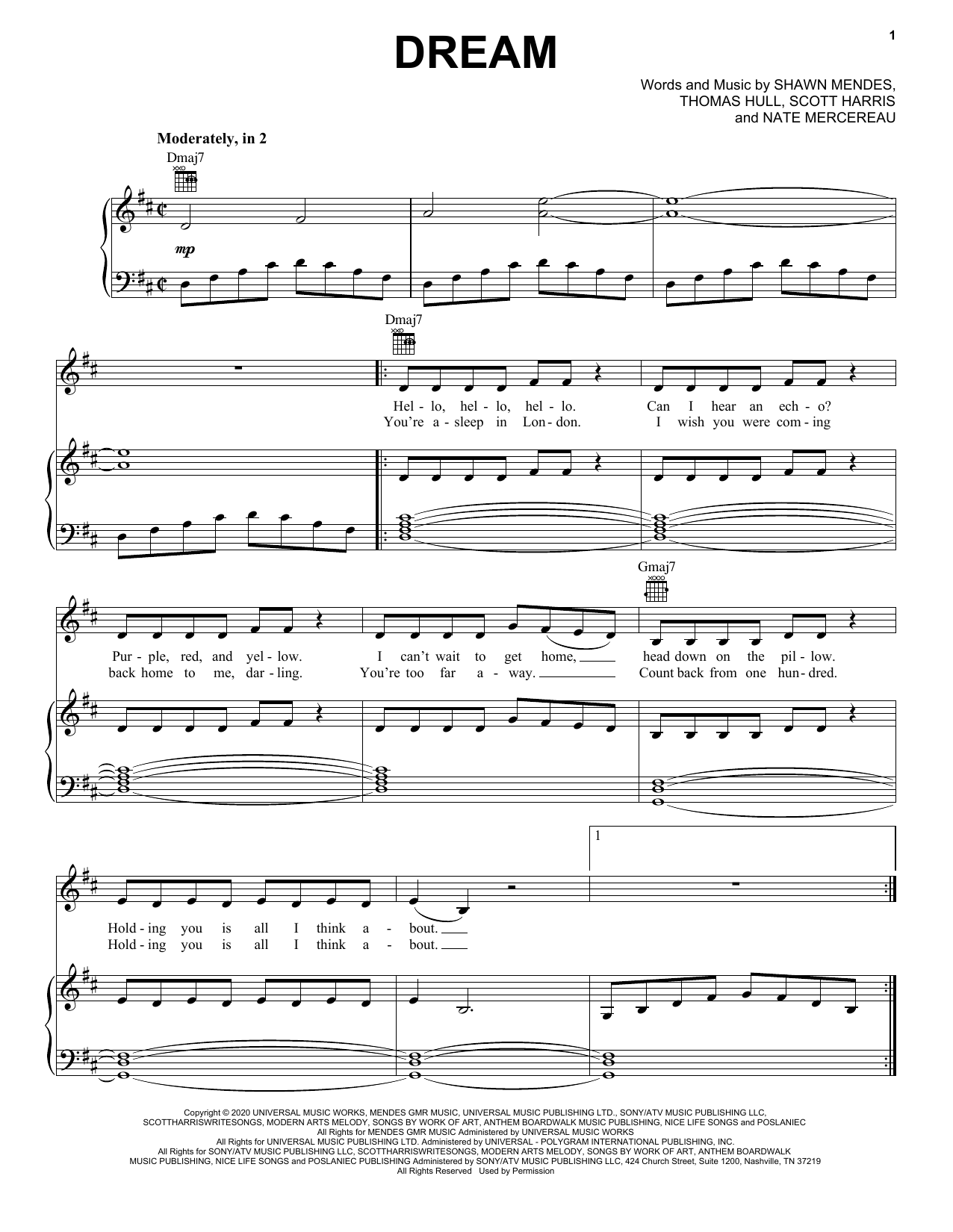 Download Shawn Mendes Dream Sheet Music and learn how to play Piano, Vocal & Guitar Chords (Right-Hand Melody) PDF digital score in minutes