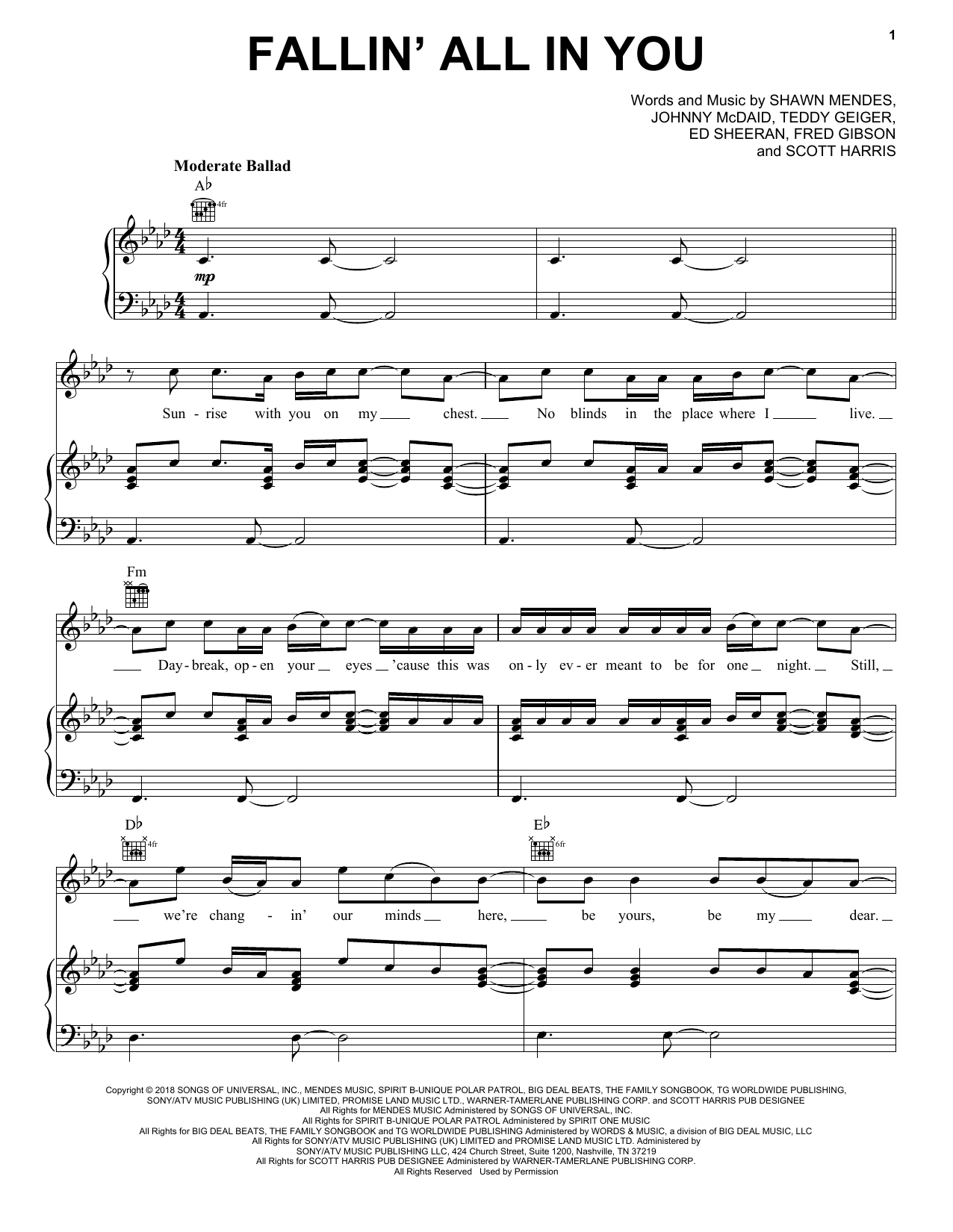 Download Shawn Mendes Fallin' All In You Sheet Music and learn how to play Piano, Vocal & Guitar Chords (Right-Hand Melody) PDF digital score in minutes