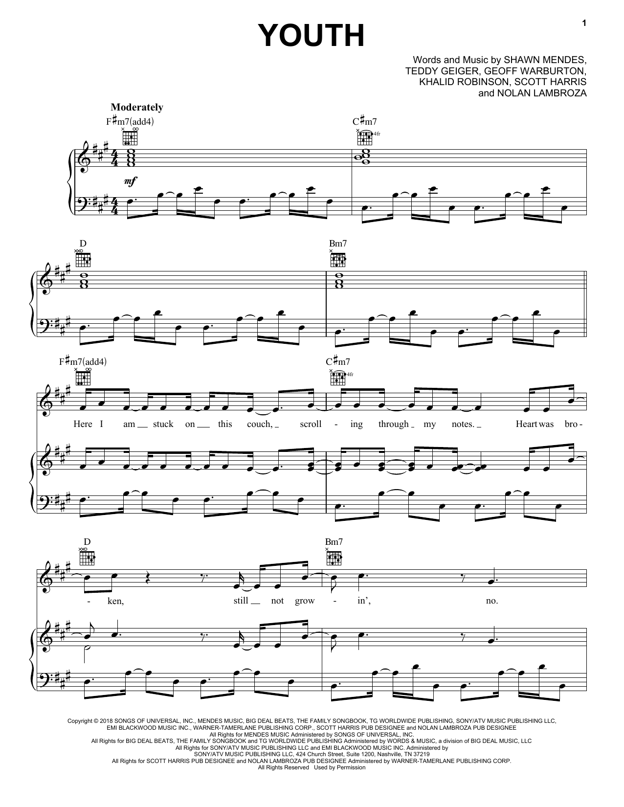 Download Shawn Mendes feat. Khalid Youth Sheet Music and learn how to play Piano, Vocal & Guitar (Right-Hand Melody) PDF digital score in minutes