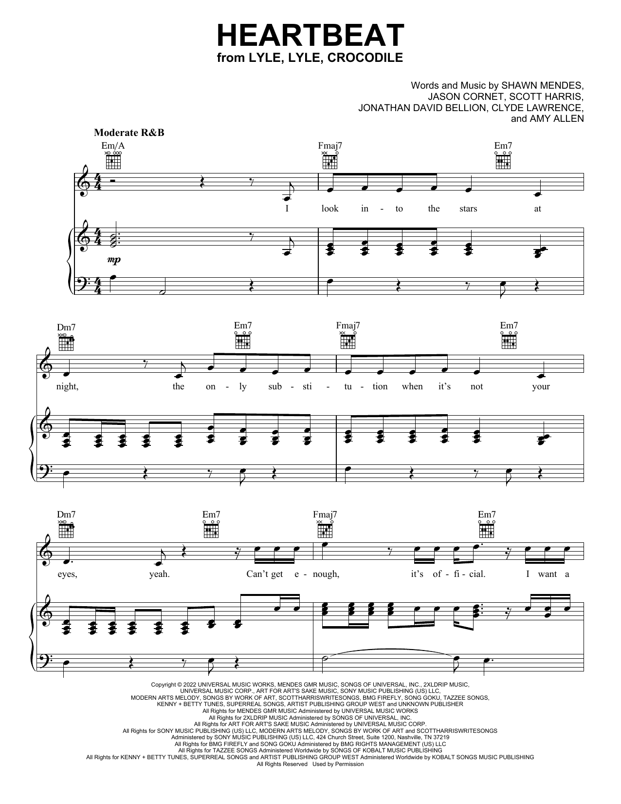 Download Shawn Mendes Heartbeat (from Lyle, Lyle, Crocodile) Sheet Music and learn how to play Piano, Vocal & Guitar Chords (Right-Hand Melody) PDF digital score in minutes
