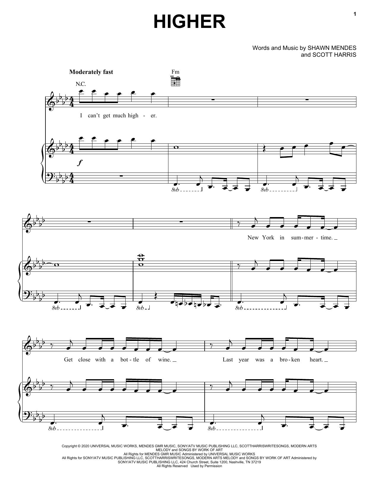 Download Shawn Mendes Higher Sheet Music and learn how to play Piano, Vocal & Guitar Chords (Right-Hand Melody) PDF digital score in minutes
