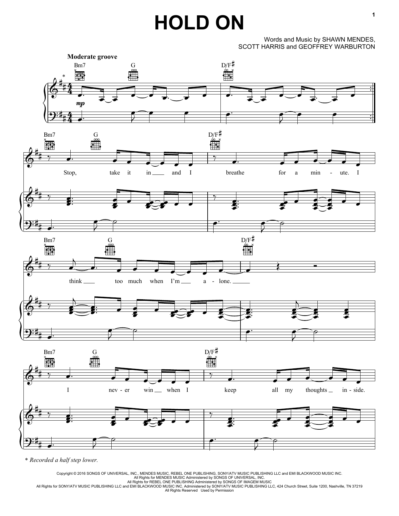 Download Shawn Mendes Hold On Sheet Music and learn how to play Piano, Vocal & Guitar (Right-Hand Melody) PDF digital score in minutes