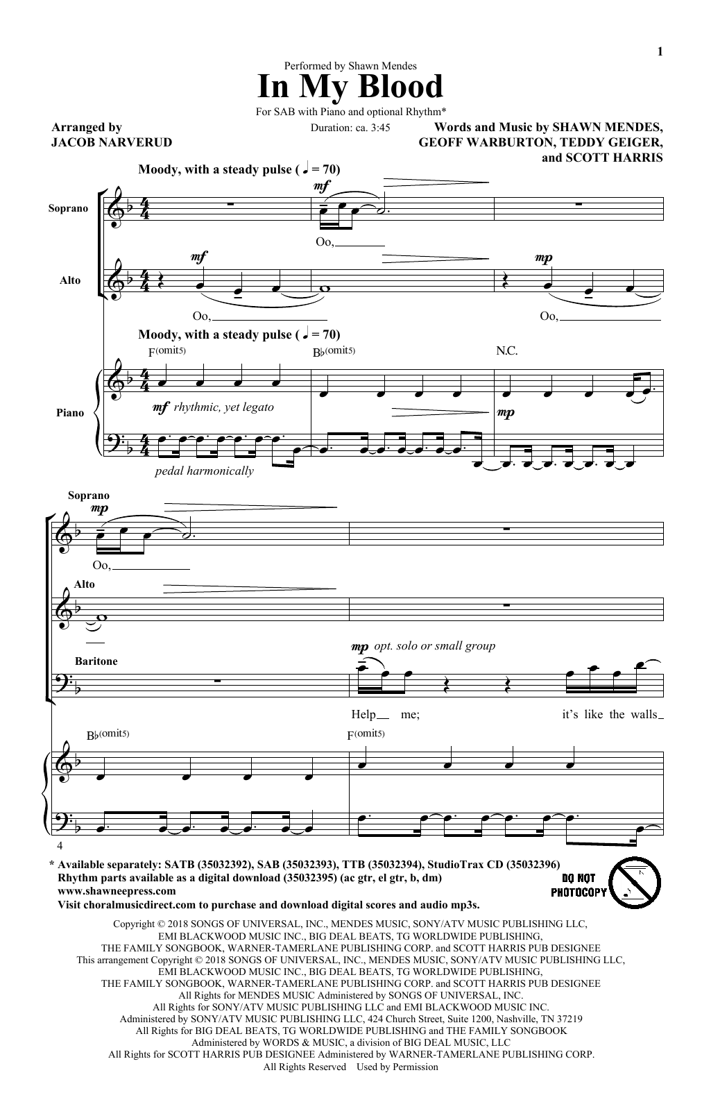 Download Shawn Mendes In My Blood (arr. Jacob Narverud) Sheet Music and learn how to play SAB Choir PDF digital score in minutes