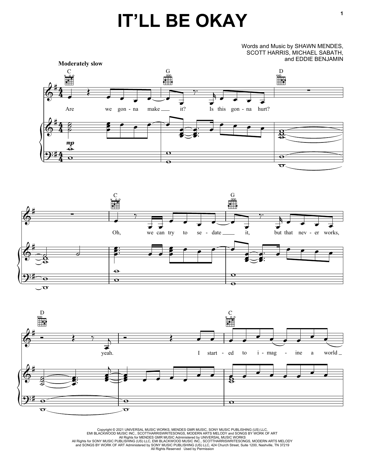 Download Shawn Mendes It'll Be Okay Sheet Music and learn how to play Piano, Vocal & Guitar Chords (Right-Hand Melody) PDF digital score in minutes