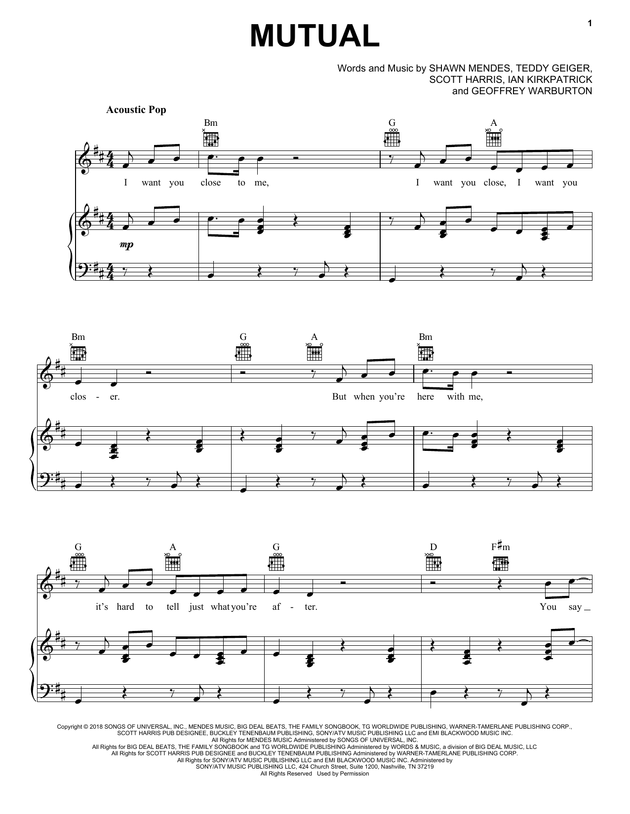 Download Shawn Mendes Mutual Sheet Music and learn how to play Piano, Vocal & Guitar Chords (Right-Hand Melody) PDF digital score in minutes
