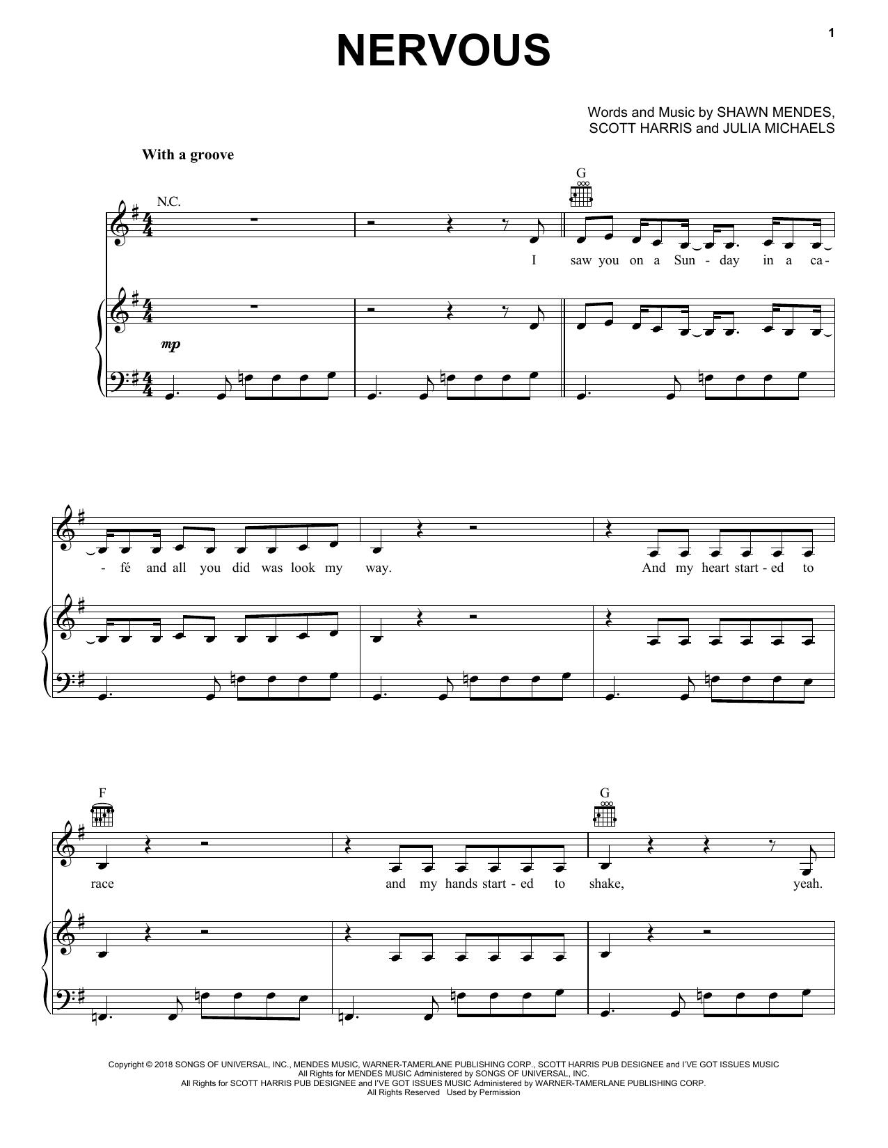 Download Shawn Mendes Nervous Sheet Music and learn how to play Piano, Vocal & Guitar Chords (Right-Hand Melody) PDF digital score in minutes
