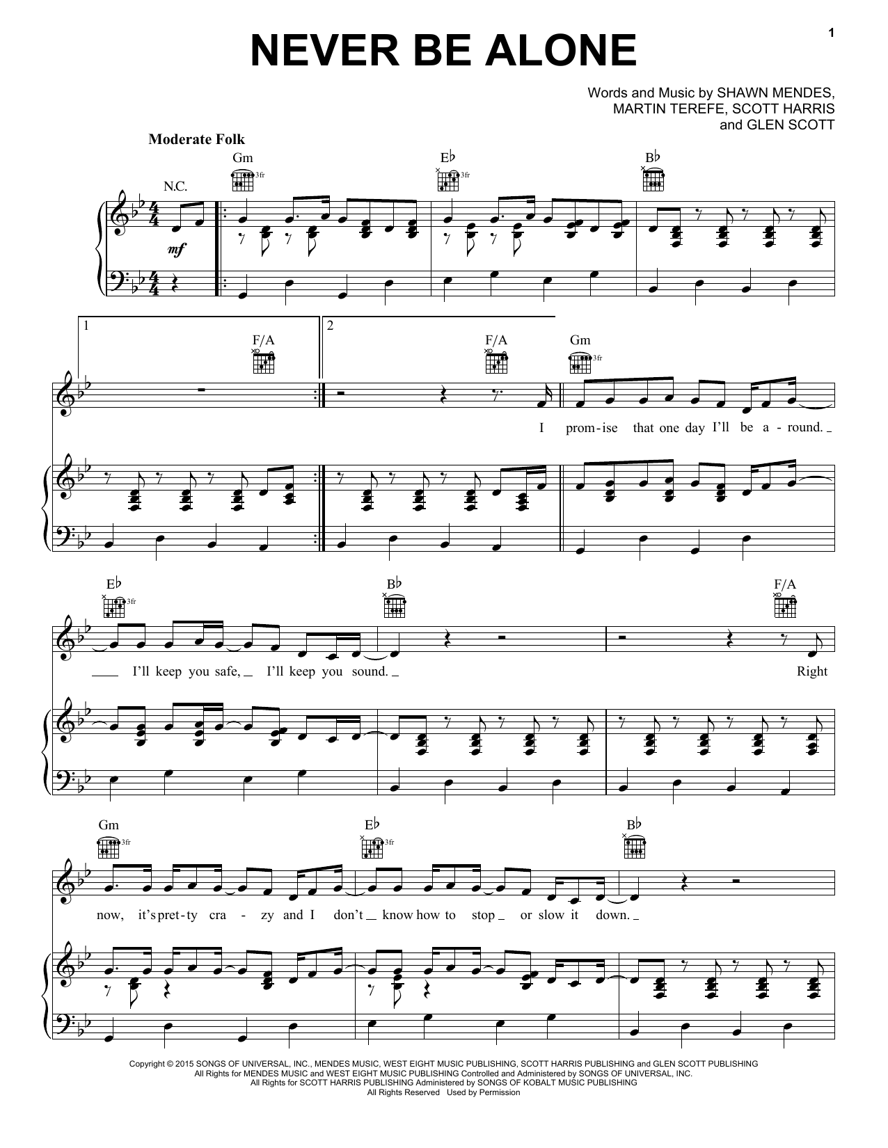 Download Shawn Mendes Never Be Alone Sheet Music and learn how to play Piano, Vocal & Guitar (Right-Hand Melody) PDF digital score in minutes