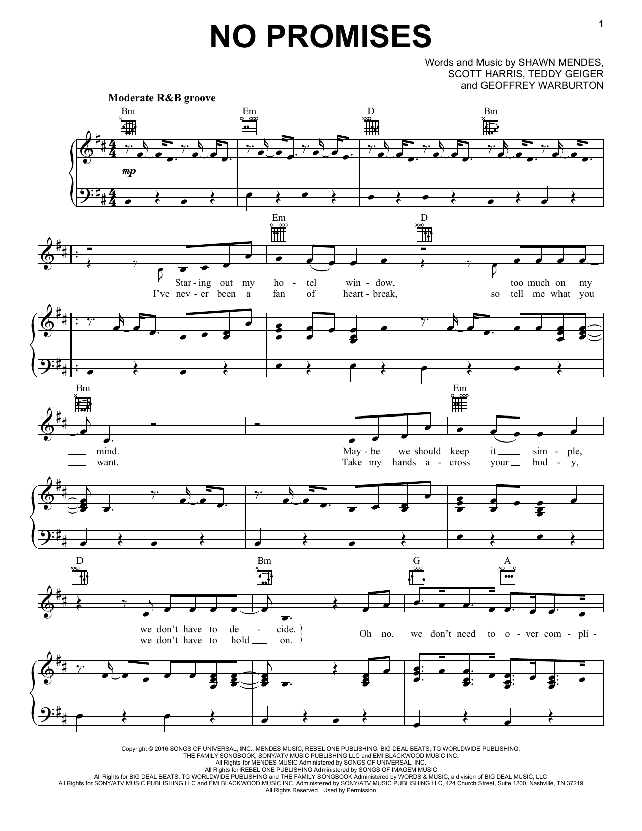 Download Shawn Mendes No Promises Sheet Music and learn how to play Piano, Vocal & Guitar (Right-Hand Melody) PDF digital score in minutes