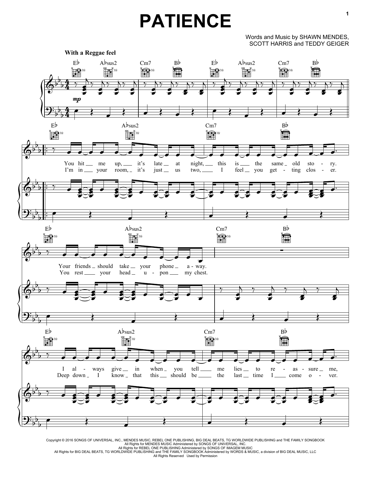 Download Shawn Mendes Patience Sheet Music and learn how to play Piano, Vocal & Guitar (Right-Hand Melody) PDF digital score in minutes