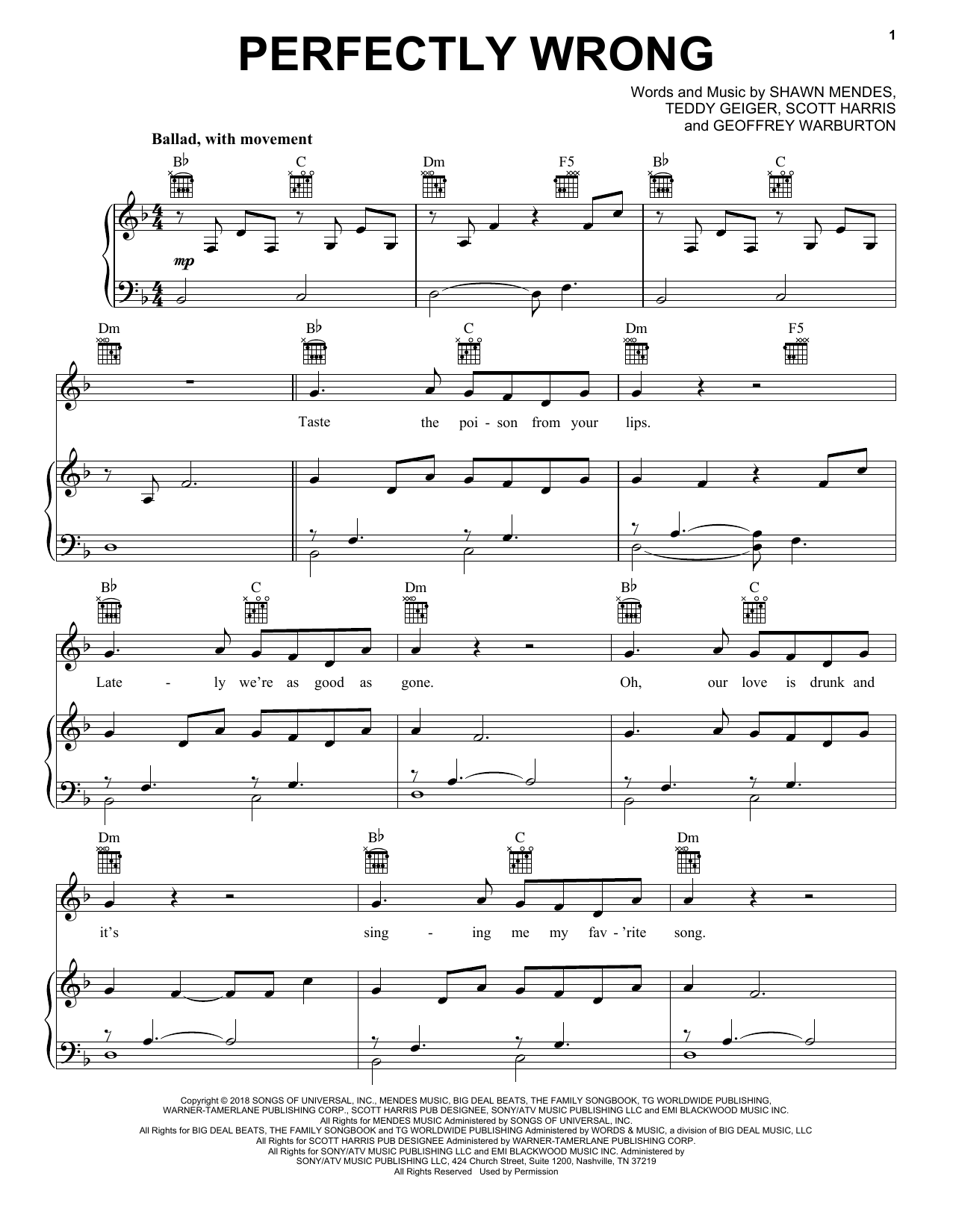 Download Shawn Mendes Perfectly Wrong Sheet Music and learn how to play Piano, Vocal & Guitar Chords (Right-Hand Melody) PDF digital score in minutes