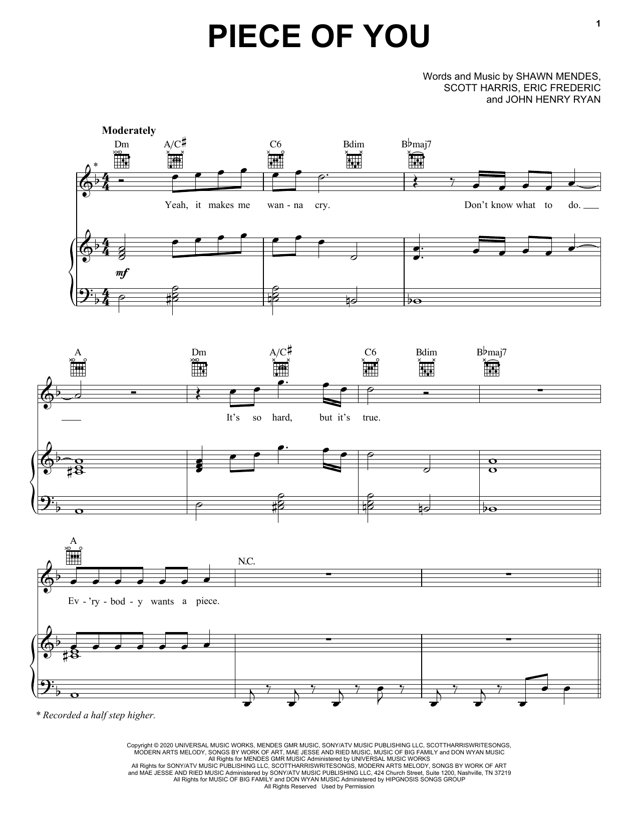 Download Shawn Mendes Piece Of You Sheet Music and learn how to play Piano, Vocal & Guitar Chords (Right-Hand Melody) PDF digital score in minutes