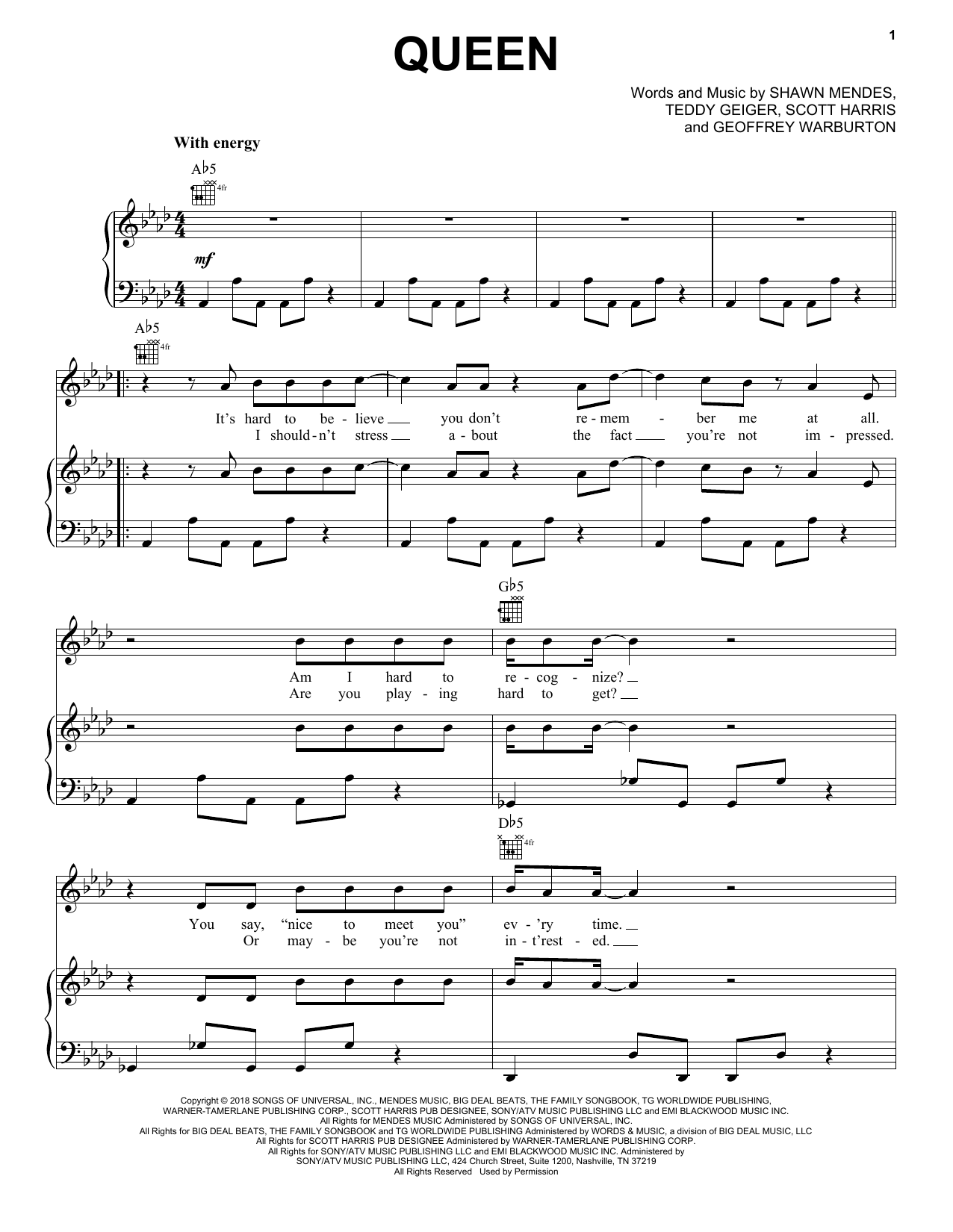 Download Shawn Mendes Queen Sheet Music and learn how to play Piano, Vocal & Guitar Chords (Right-Hand Melody) PDF digital score in minutes