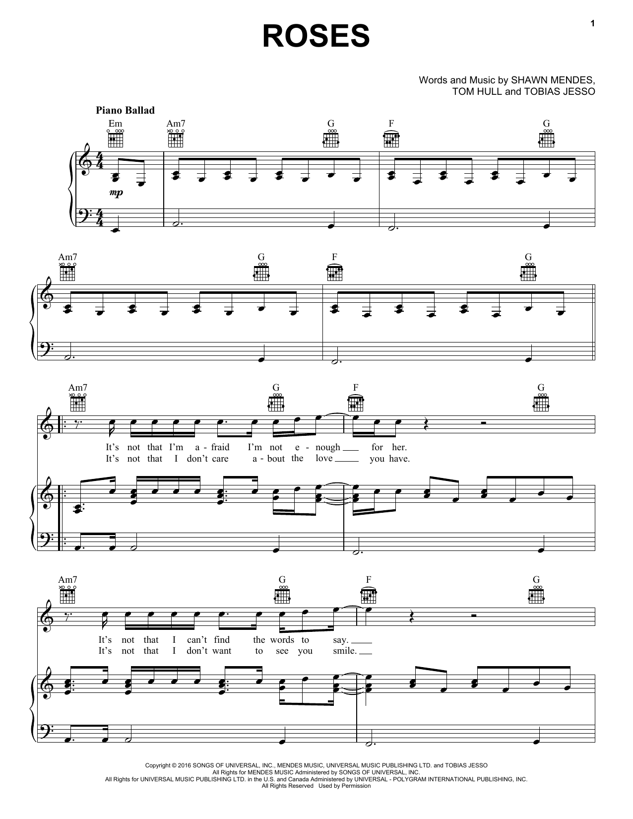 Download Shawn Mendes Roses Sheet Music and learn how to play Piano, Vocal & Guitar (Right-Hand Melody) PDF digital score in minutes