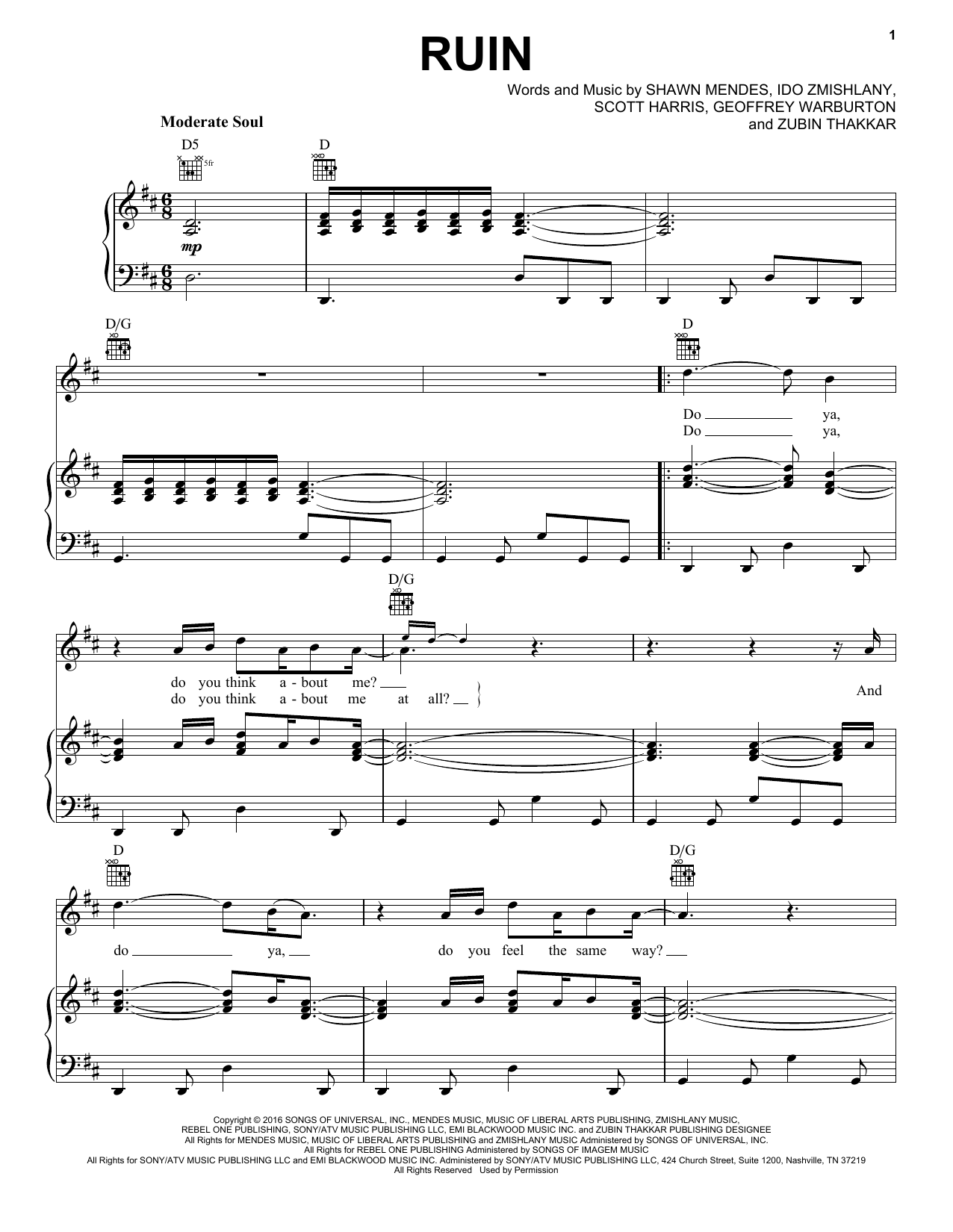 Download Shawn Mendes Ruin Sheet Music and learn how to play Piano, Vocal & Guitar (Right-Hand Melody) PDF digital score in minutes