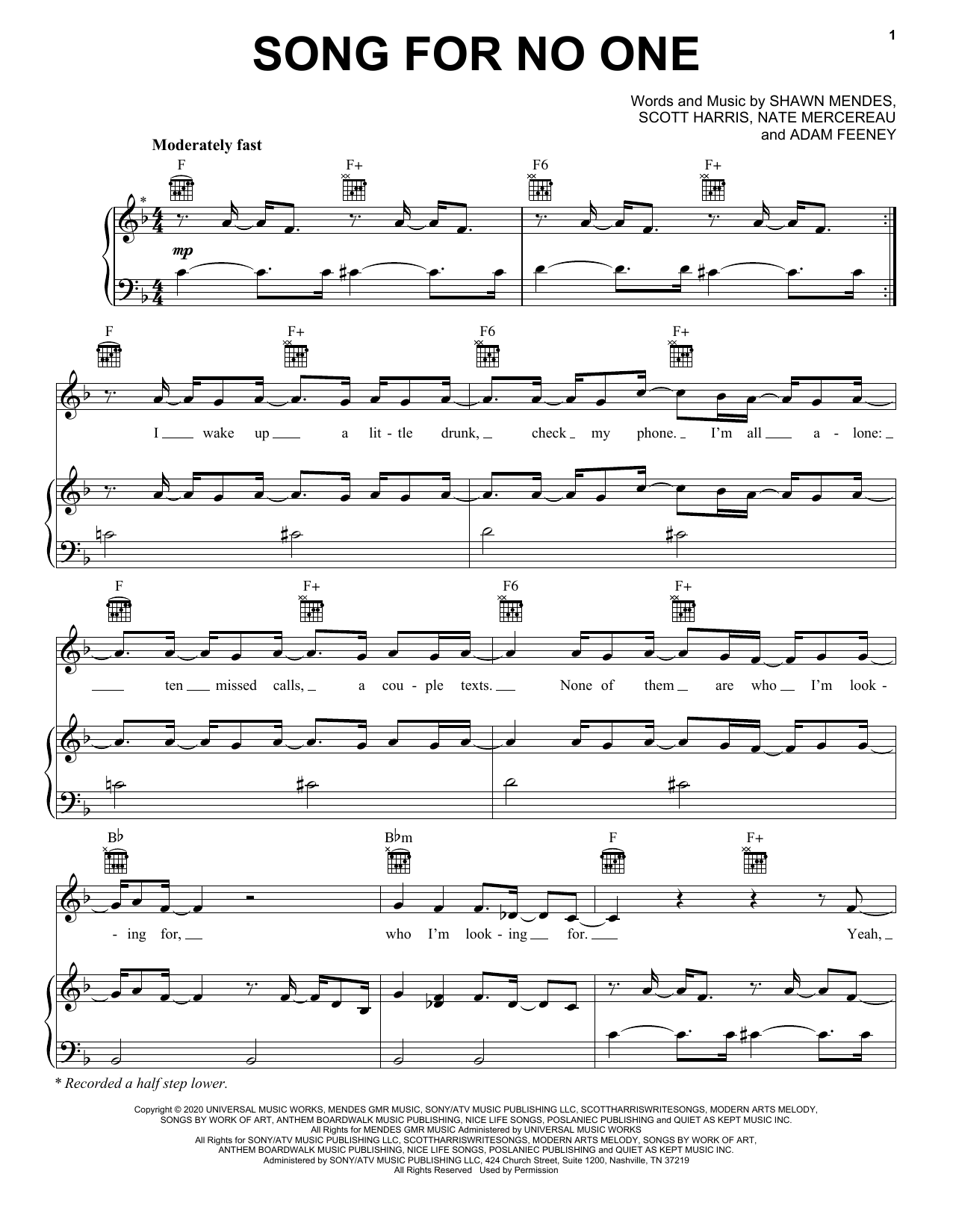 Download Shawn Mendes Song For No One Sheet Music and learn how to play Piano, Vocal & Guitar Chords (Right-Hand Melody) PDF digital score in minutes