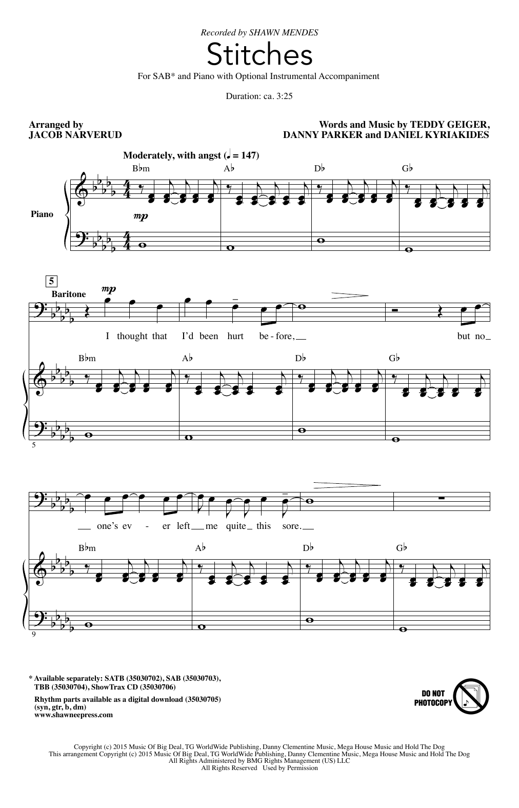 Download Jacob Narverud Stitches Sheet Music and learn how to play SAB PDF digital score in minutes