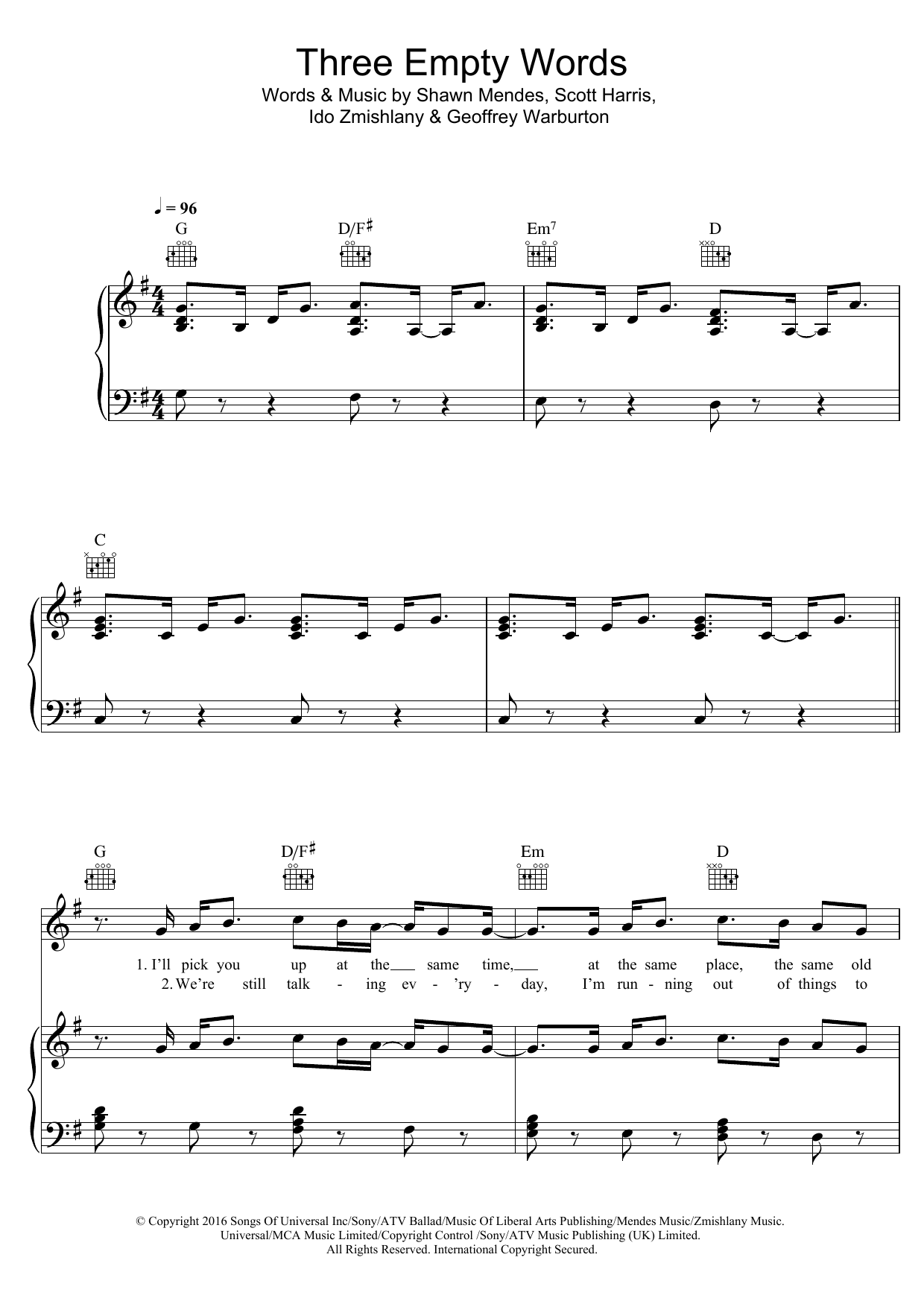 Download Shawn Mendes Three Empty Words Sheet Music and learn how to play Piano, Vocal & Guitar (Right-Hand Melody) PDF digital score in minutes