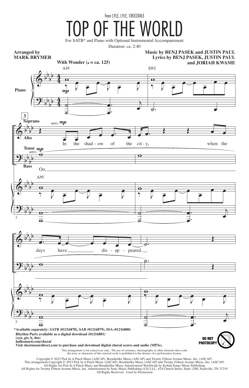 Download Shawn Mendes Top Of The World (from Lyle, Lyle, Crocodile) (arr. Mark Brymer) Sheet Music and learn how to play SSA Choir PDF digital score in minutes