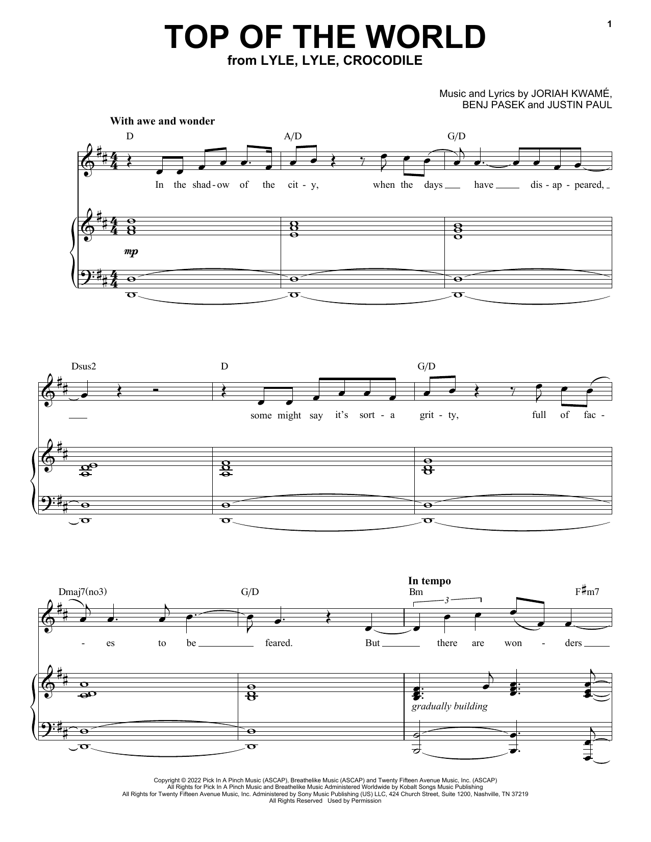 Download Shawn Mendes Top Of The World (from Lyle, Lyle, Crocodile) Sheet Music and learn how to play Piano, Vocal & Guitar Chords (Right-Hand Melody) PDF digital score in minutes