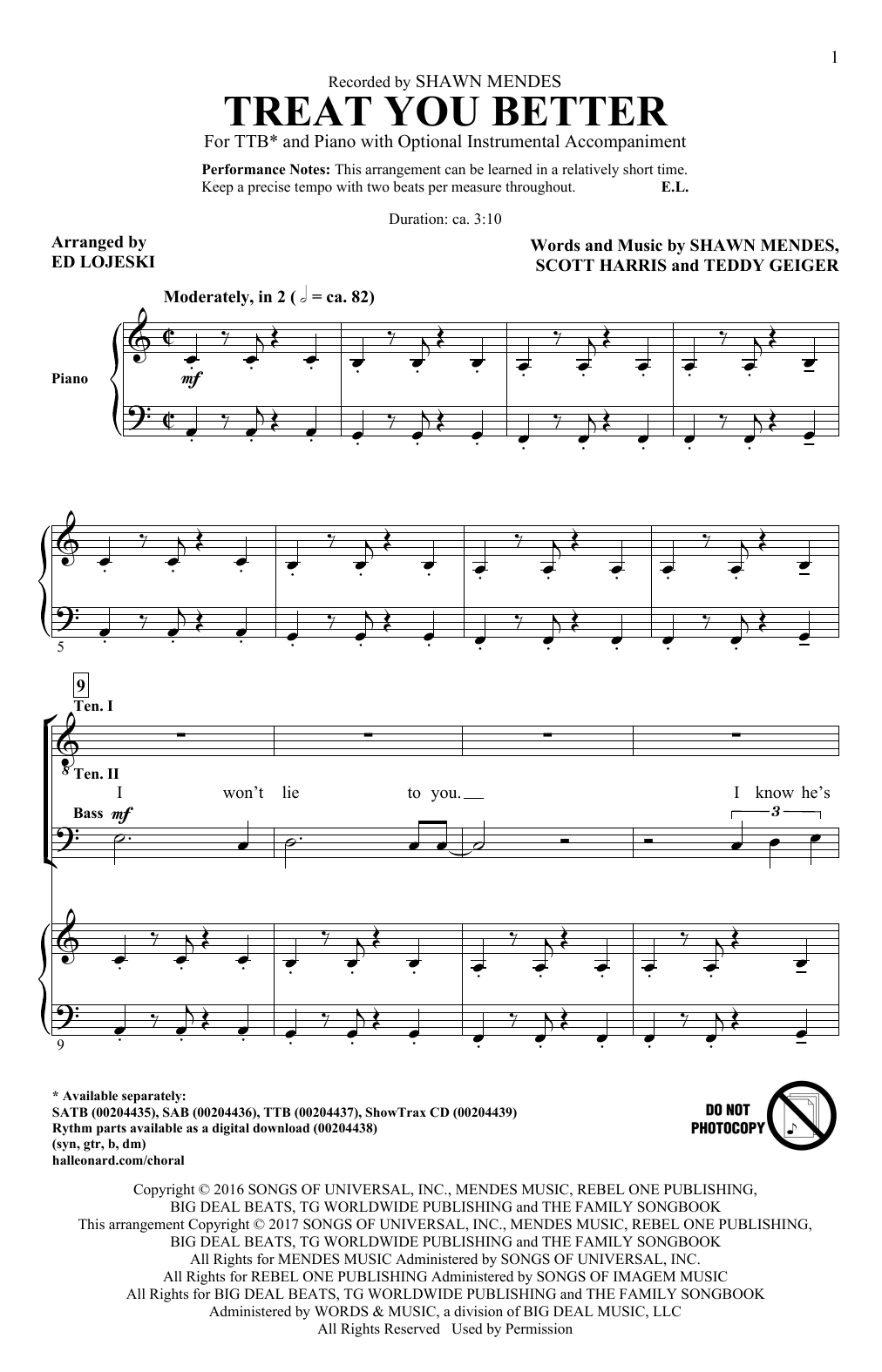 Download Ed Lojeski Treat You Better Sheet Music and learn how to play SAB PDF digital score in minutes