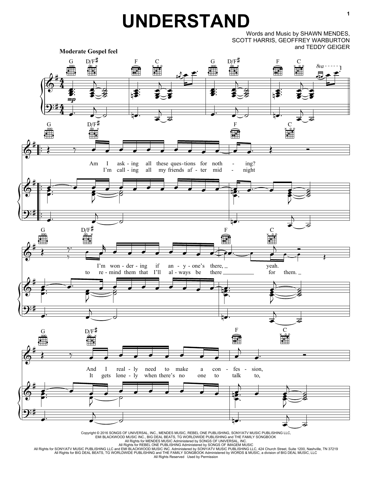 Download Shawn Mendes Understand Sheet Music and learn how to play Piano, Vocal & Guitar (Right-Hand Melody) PDF digital score in minutes