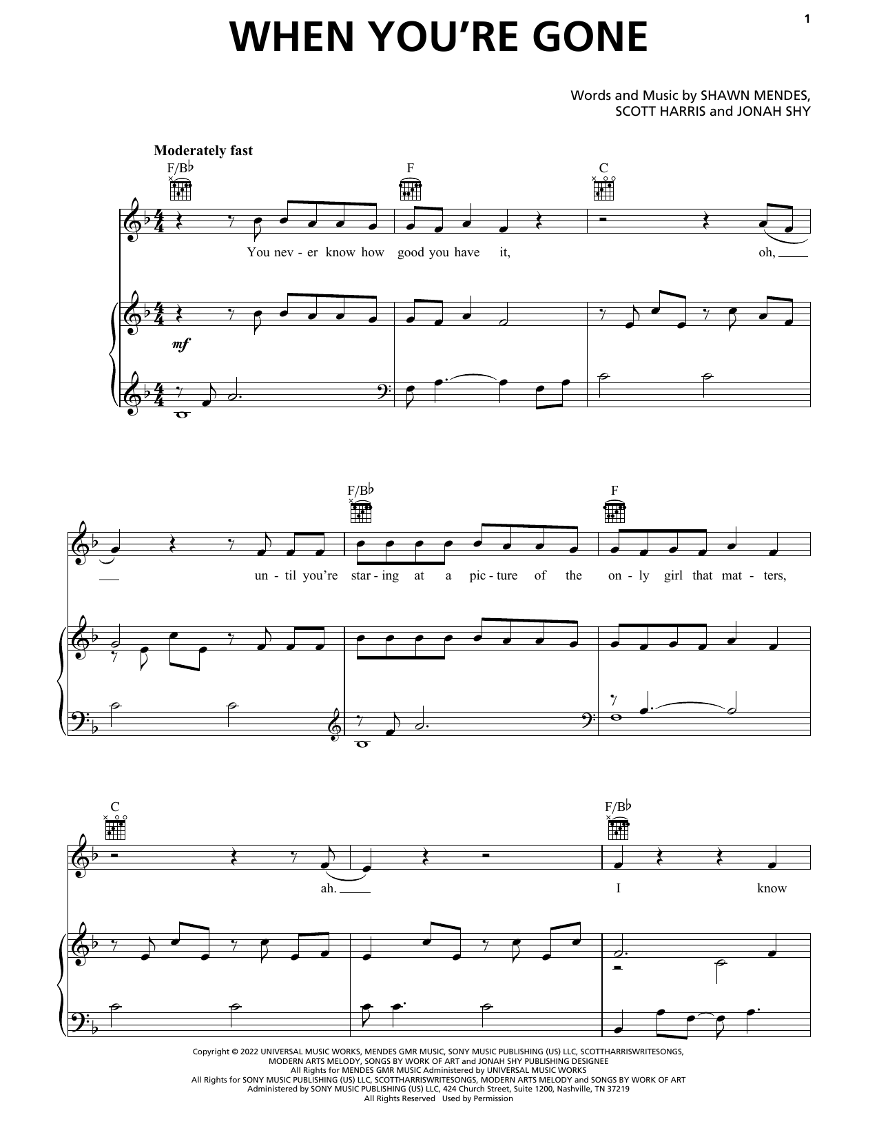 Download Shawn Mendes When You're Gone Sheet Music and learn how to play Piano, Vocal & Guitar Chords (Right-Hand Melody) PDF digital score in minutes
