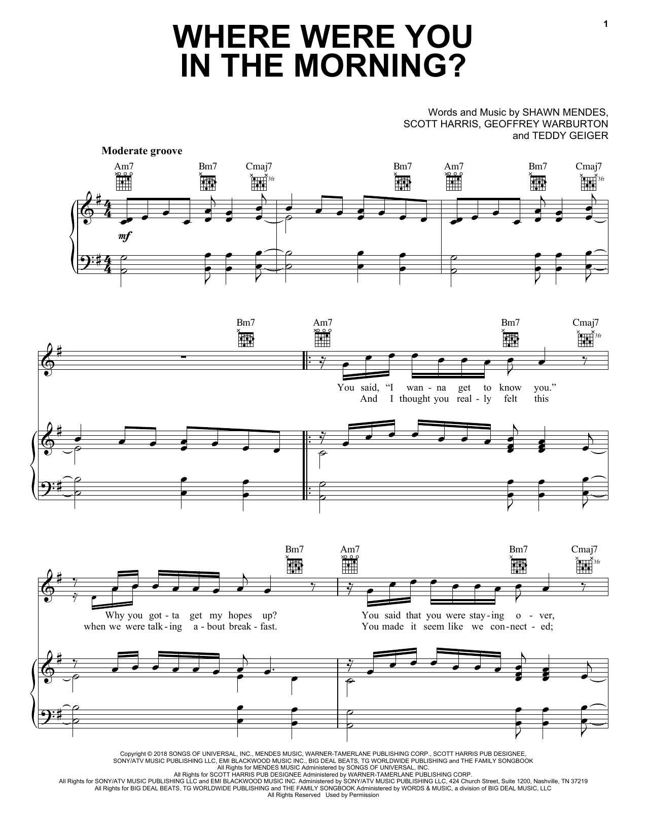 Download Shawn Mendes Where Were You In The Morning? Sheet Music and learn how to play Piano, Vocal & Guitar (Right-Hand Melody) PDF digital score in minutes