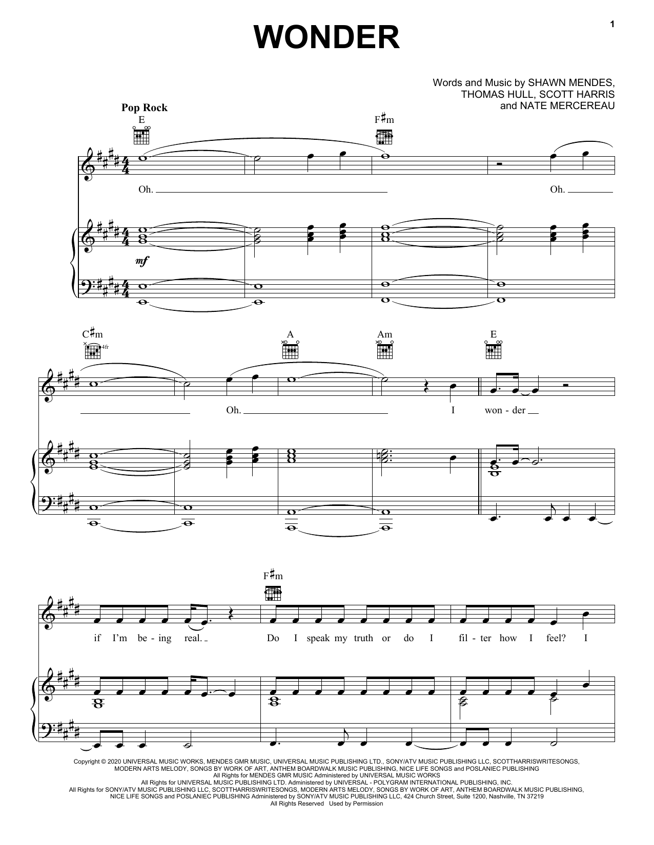 Download Shawn Mendes Wonder Sheet Music and learn how to play Big Note Piano PDF digital score in minutes