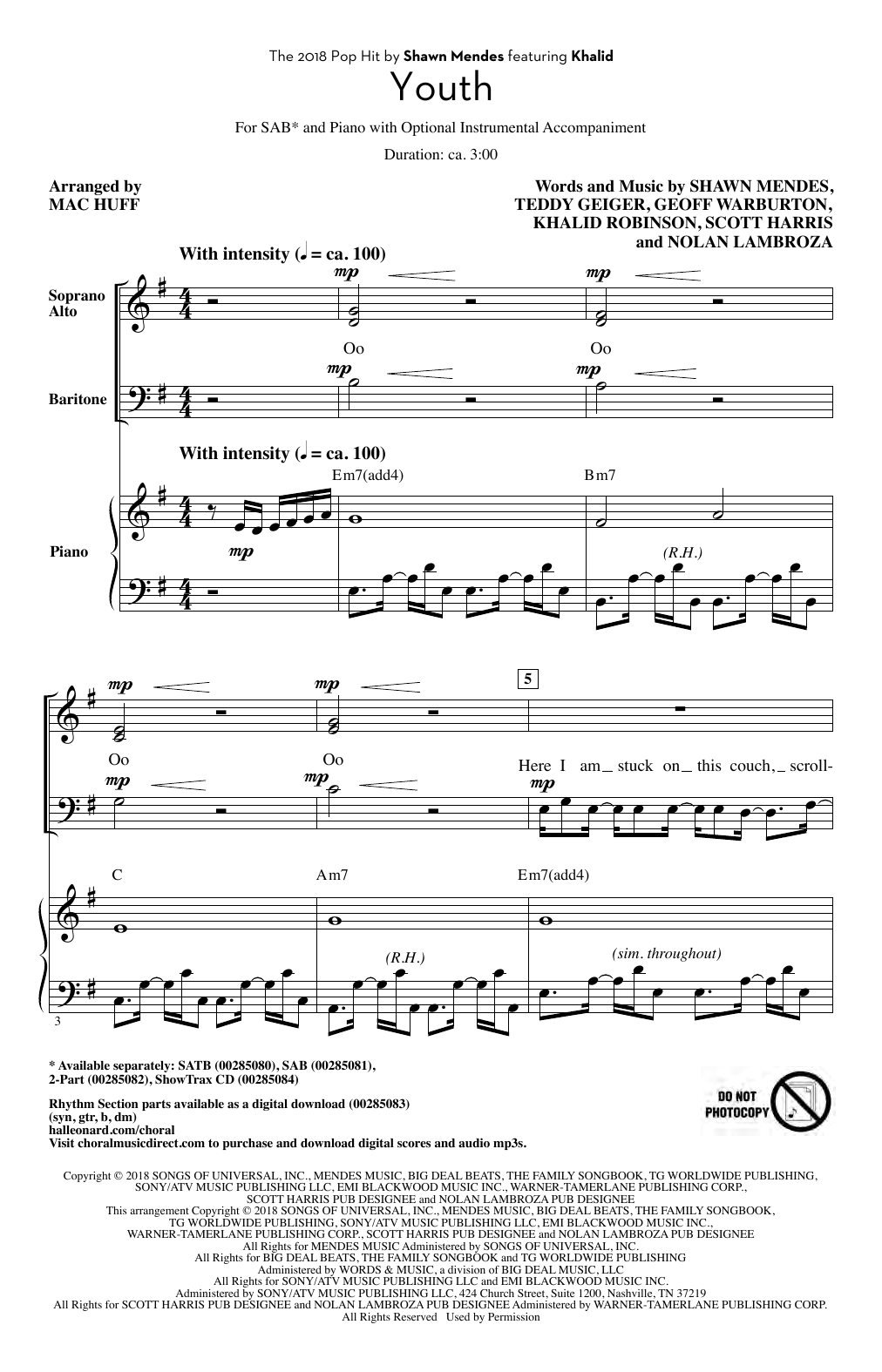 Download Shawn Mendes Youth (feat. Khalid) (arr. Mac Huff) Sheet Music and learn how to play 2-Part Choir PDF digital score in minutes
