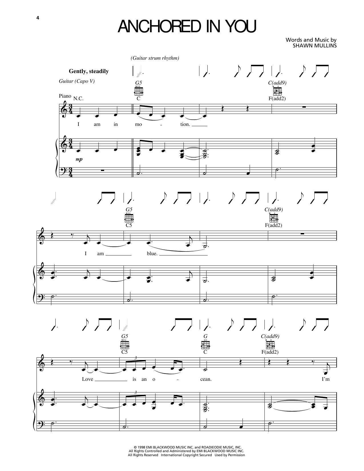 Download Shawn Mullins Anchored In You Sheet Music and learn how to play Piano, Vocal & Guitar Chords (Right-Hand Melody) PDF digital score in minutes
