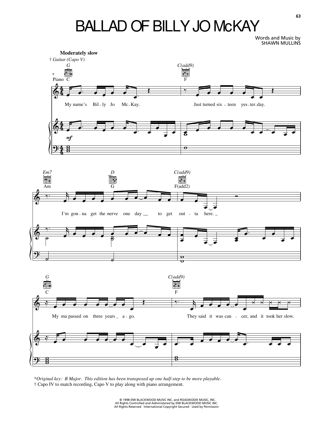 Download Shawn Mullins Ballad Of Billy Jo McKay Sheet Music and learn how to play Piano, Vocal & Guitar Chords (Right-Hand Melody) PDF digital score in minutes